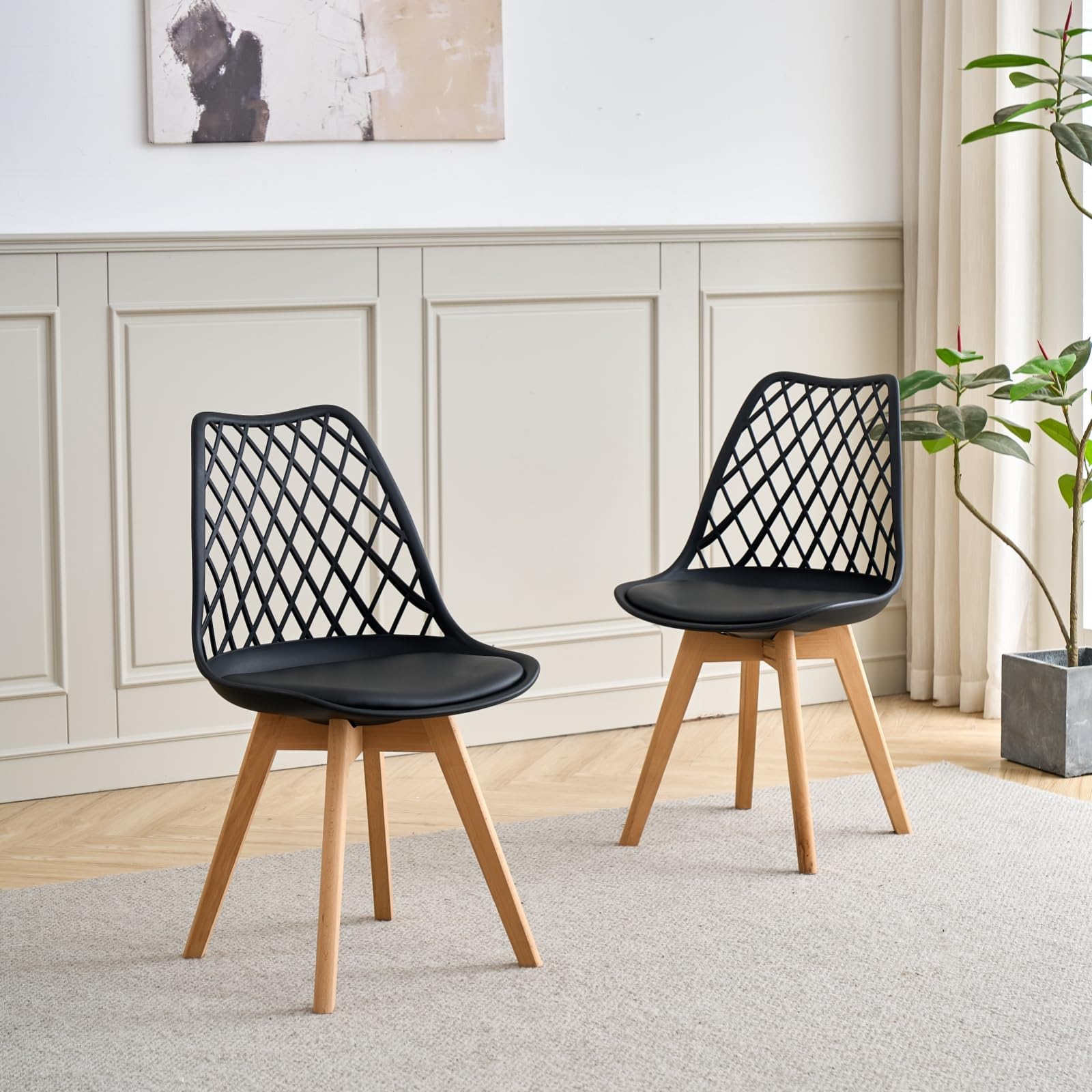 GrandCA HOME Set Tavolo e Sedie da Pranzo, Tavolo da Pranzo Rettangolare da 140 cm, 4 Sedie in Polipropilene a Rete, Adatto per Cucina, Sala da Pranzo e Soggiorno - Legno Scuro + Nero