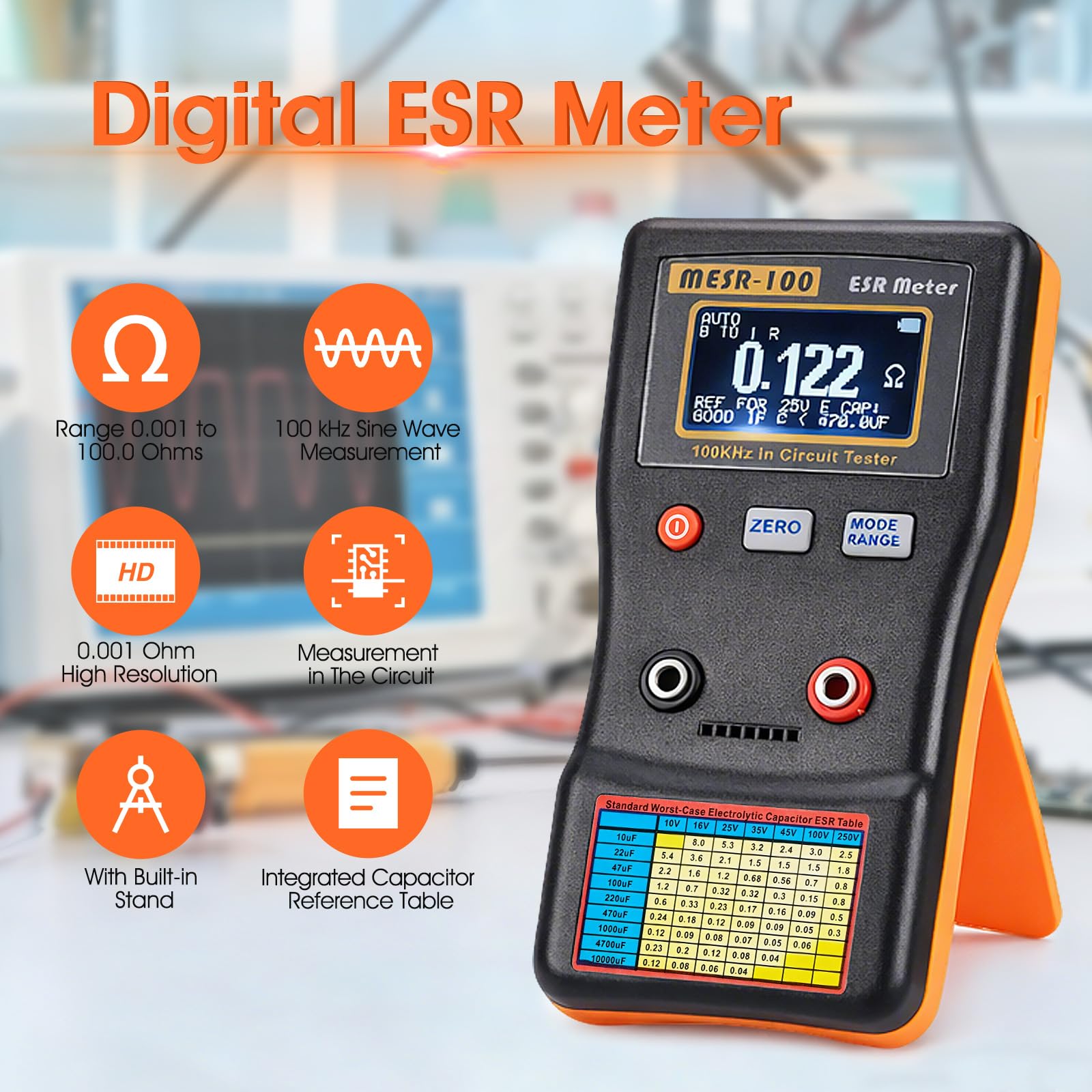 Testeur ESR à condensateur ESR 0,001 ~ 100,0 Ω, ESR 100 KHz onde sinusoïdale portable, condensateur LCD ESR, compteur de capacité pour réparation électronique