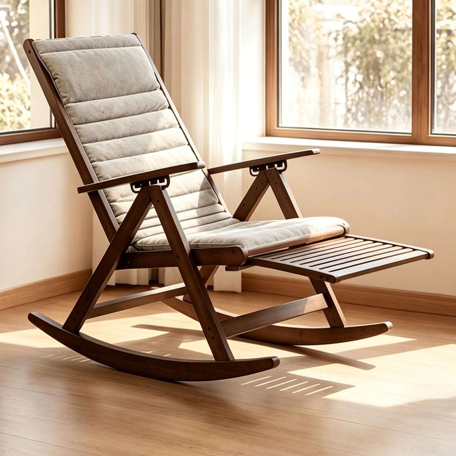 Chaise Longue en Bambou et Bois Massif Pliante avec Repose-Pieds Réglable