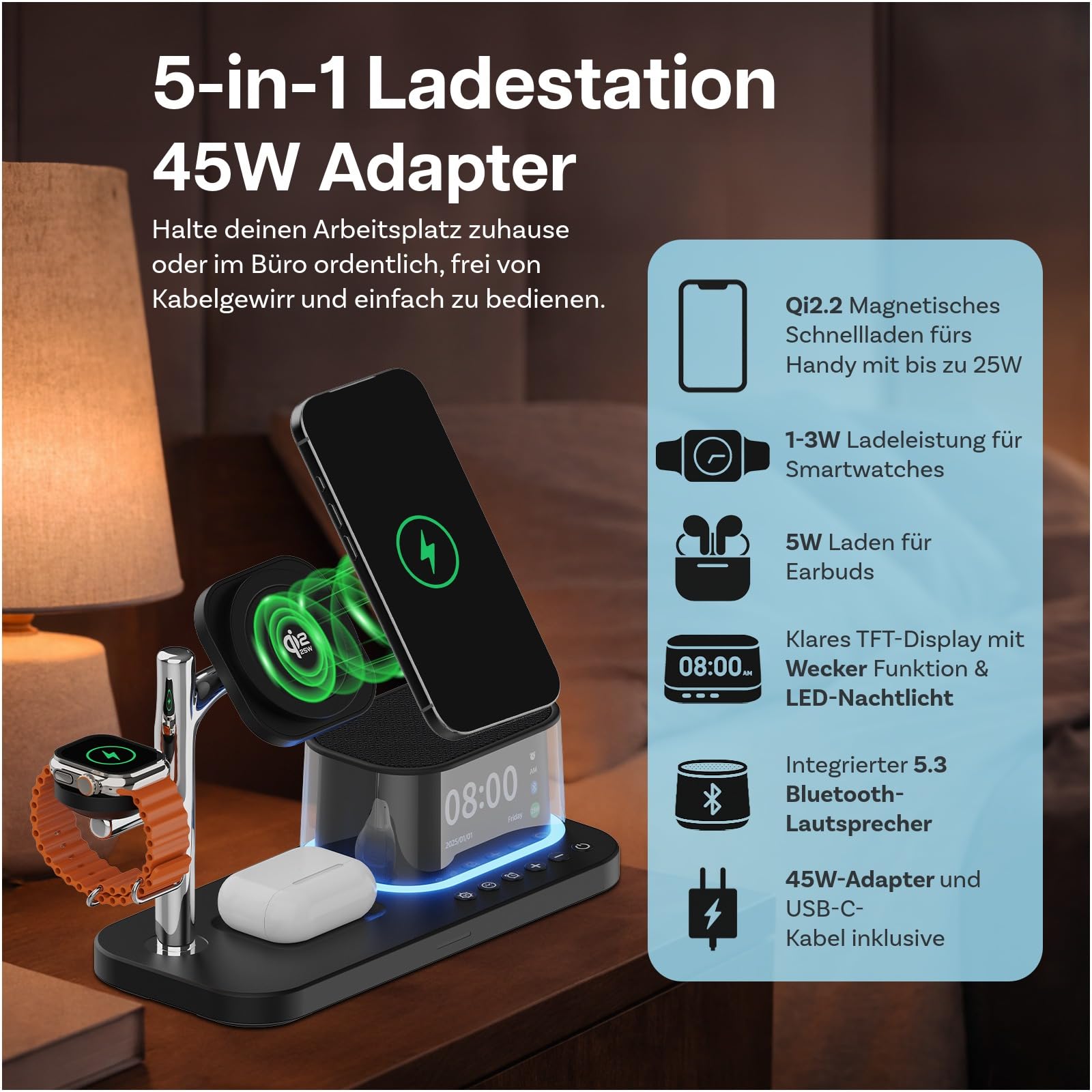 Kabellose Ladestation 5-in-1 mit Wecker, Bluetooth-Lautsprecher & LED-Nachtlicht für MagSafe von MMOBIEL – 25W Qi2.2 Magnetisches Kabellose Ladegerät für iPhone, Apple Watch & AirPods – Schwarz