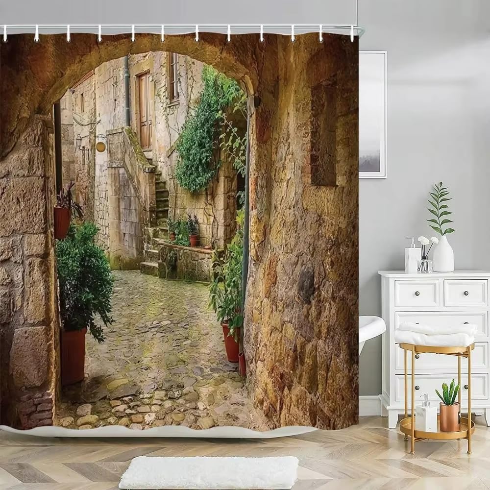 Rideau de Douche à Motif de Rue, bâtiment, Fleurs et Plantes, Style rétro, Vieille Porte, Paysage Rural d'été, décoration de Salle de Bain (244 x 200 cm/L x H)