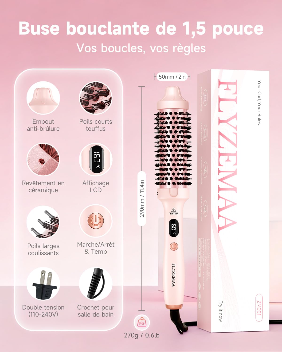 Brosse thermique FLYZEMAA, Thermal Brush 38mm pour des Boucles Naturelles, Brosse Chauffante pour 3 Niveaux de Température, Écran LCD, Double Tension, Prise UE, Rose