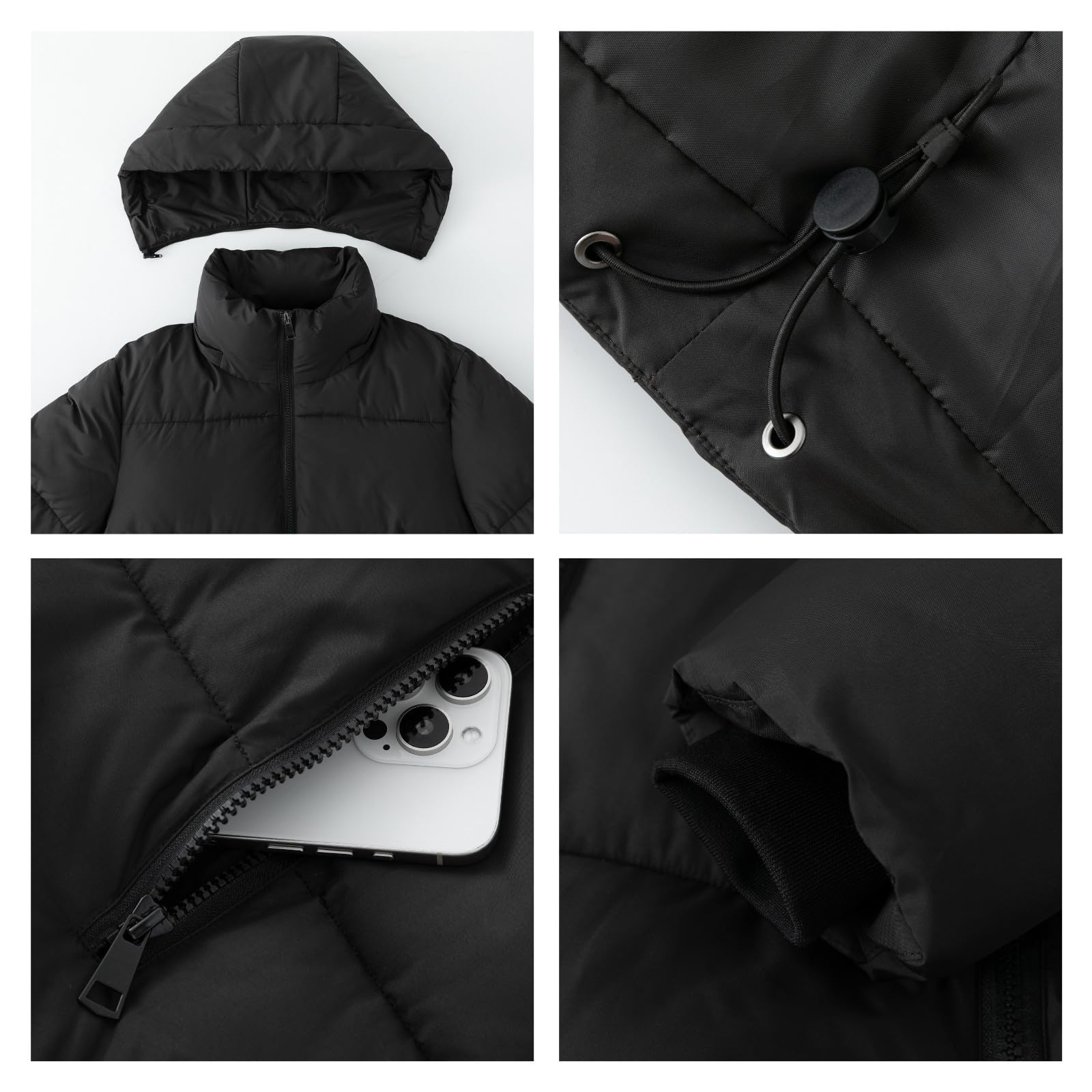 PUFFIT Doudoune courte pour femme, veste d'hiver chaude avec capuche amovible, poches zippées, manteau court matelassé pour femme