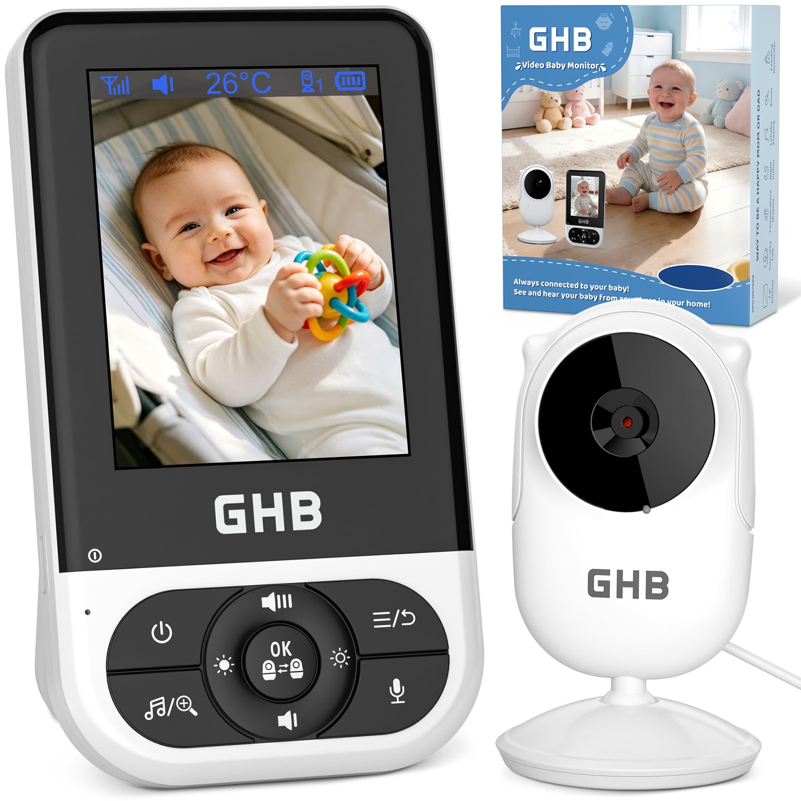 GHB Babyphone mit Kamera Baby Monitor 2,8 Zoll mit Nachtsicht VOX Schlaflieder Gegensprechfunktion Temperatursensor Max. 4 Kameras Unterstützt Schwarz