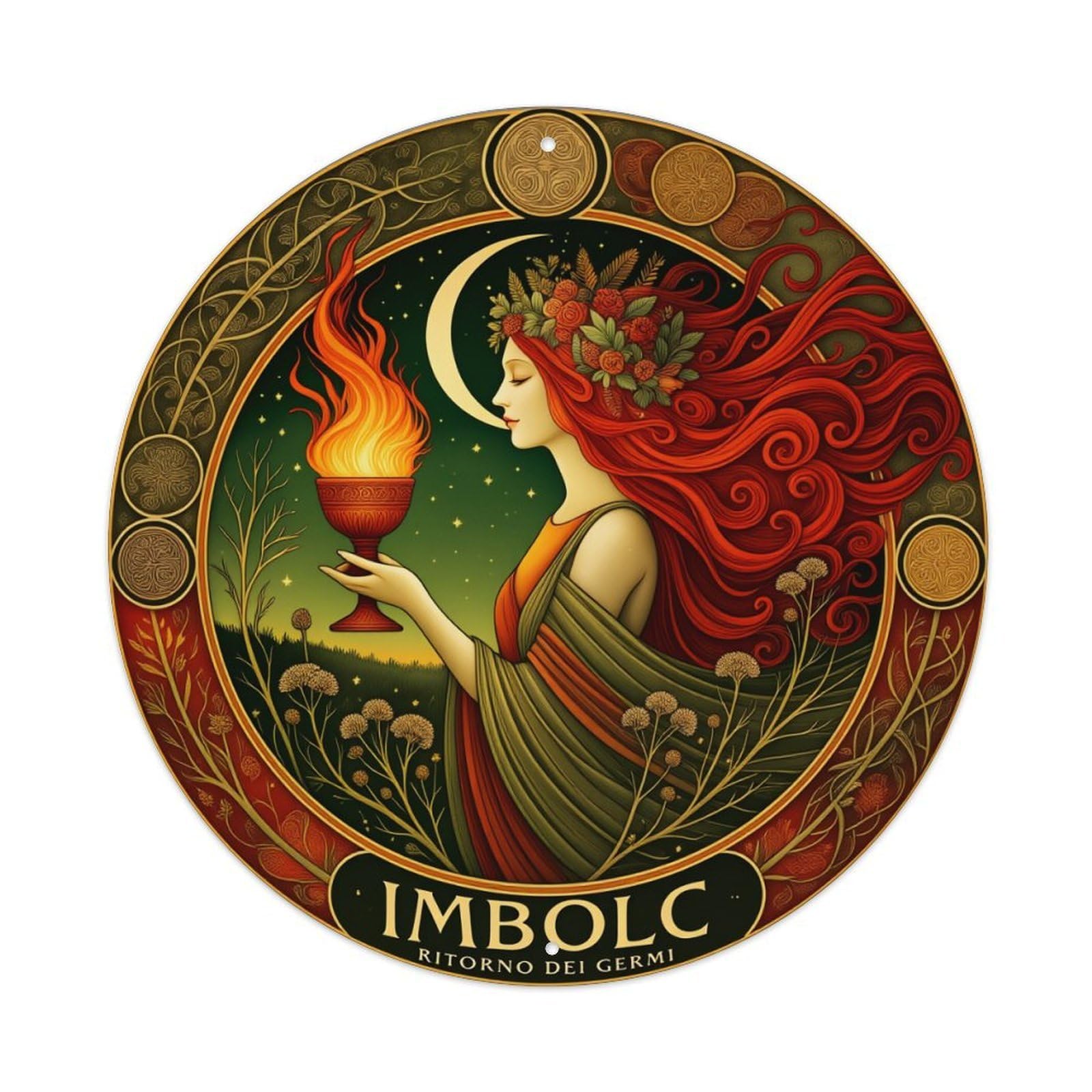 Celtic Woman Holding Flame Round Tin Sign Vintage Metal Poster, Home Bar Garage Man Cave Cafe Indoor & Outdoor Wall Decoration 8x8Inches