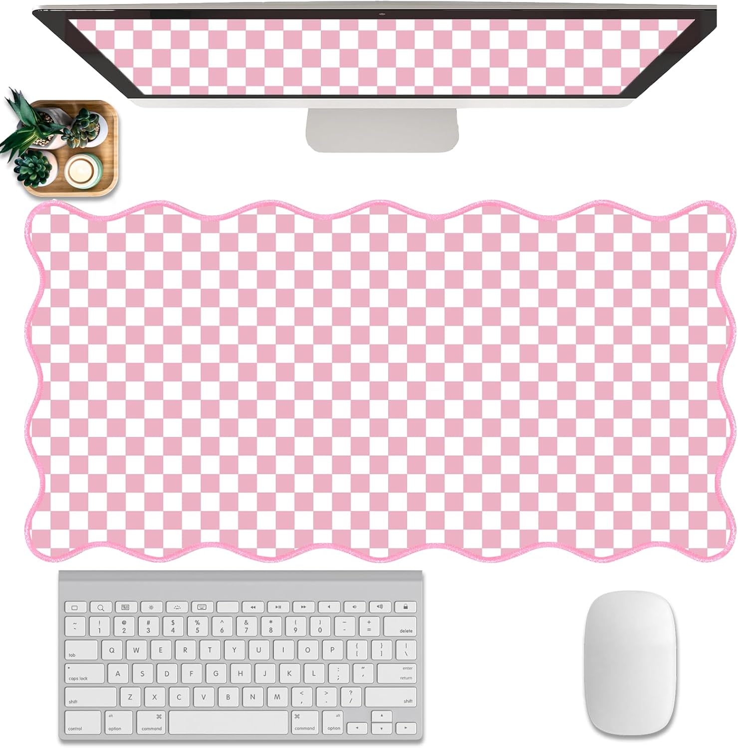 Scalloped Desk Mat Extended Large Cute Pink Mouse Pad Farmhouse Desk Pad XXL Aesthetic Plaid Mousepad Checkered Gaming Mouse Pad for Keyboard Computer Laptop Home Office Accessories Girl 31.5X15.7Inch