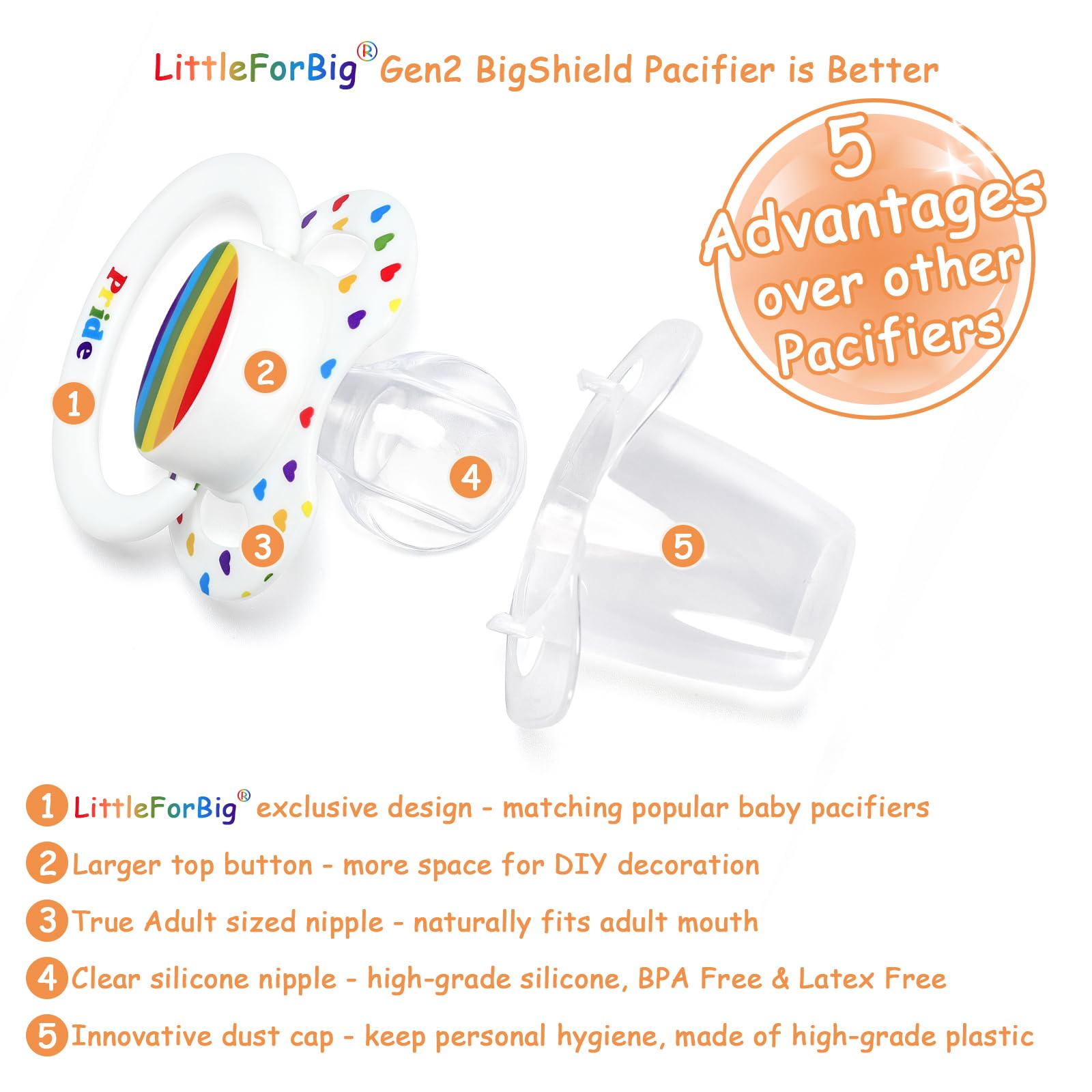 LittleForBig Bigshield Generation-II Adult Sized Printed Pacifier Rainbow Pride Pattern White