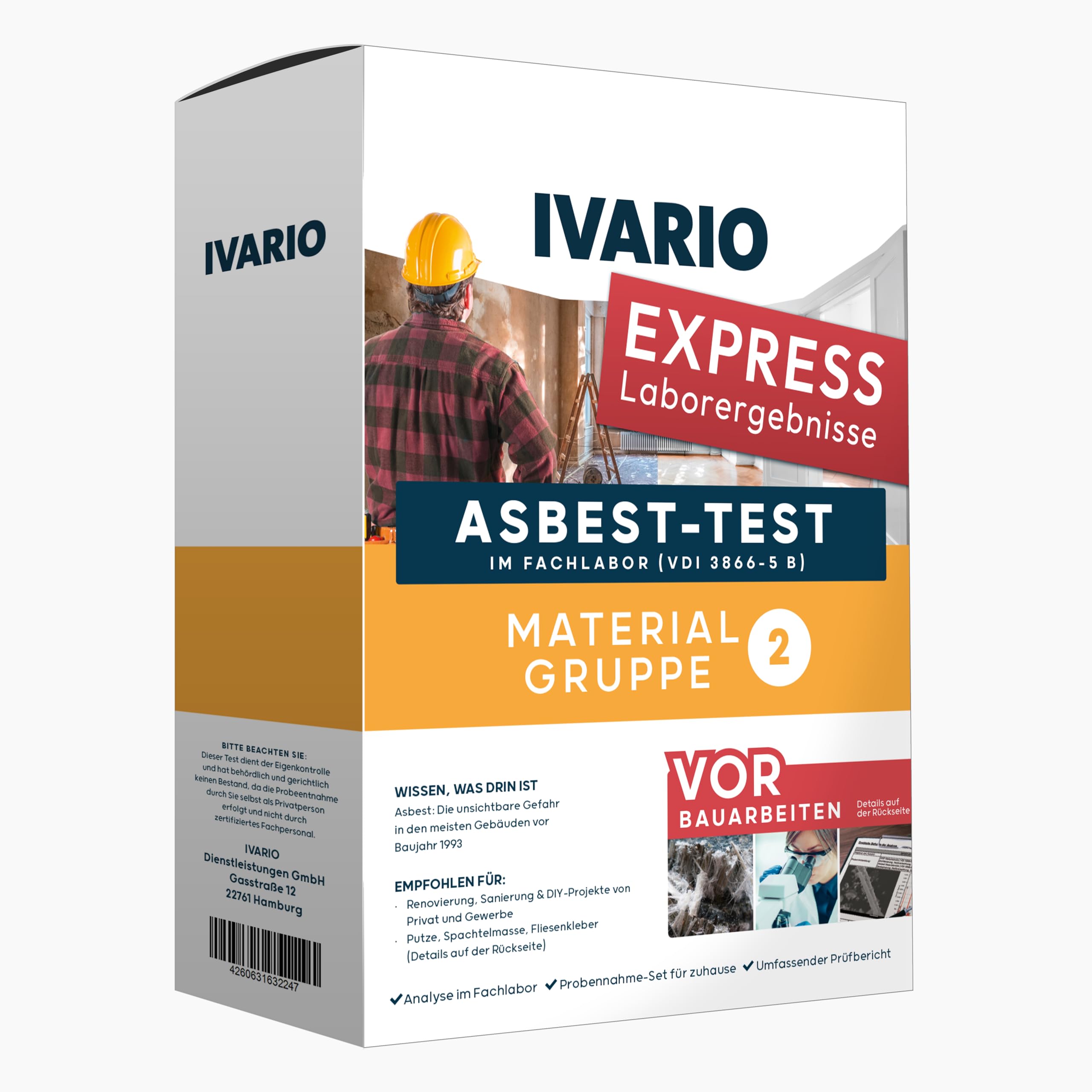 IVARIO Express Asbest-Test Materialgruppe 2 – 3-5 Tage Analysedauer | Für Dachpappe, Fugenmasse, Farbe, Ausgleichsmasse, Fliesenkleber, Gussasphalt, Kieselgur, Mörtel, Putz uvm.v