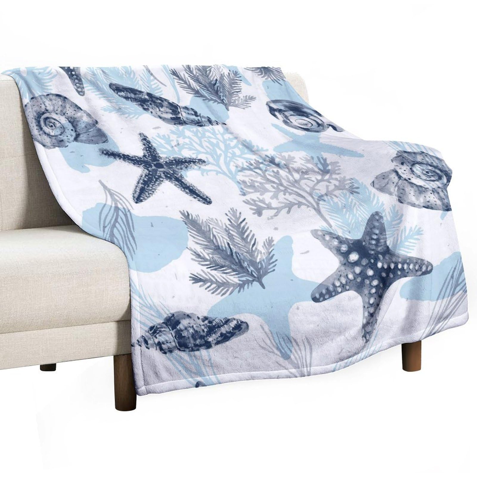 Coastal Nautical Blanket, Beach Sea Starfish Seashell Ocean Coral Theme Print Blanket, Super Soft Flannel Throw Blanket for Bed Sofa (330GSM Flannel)