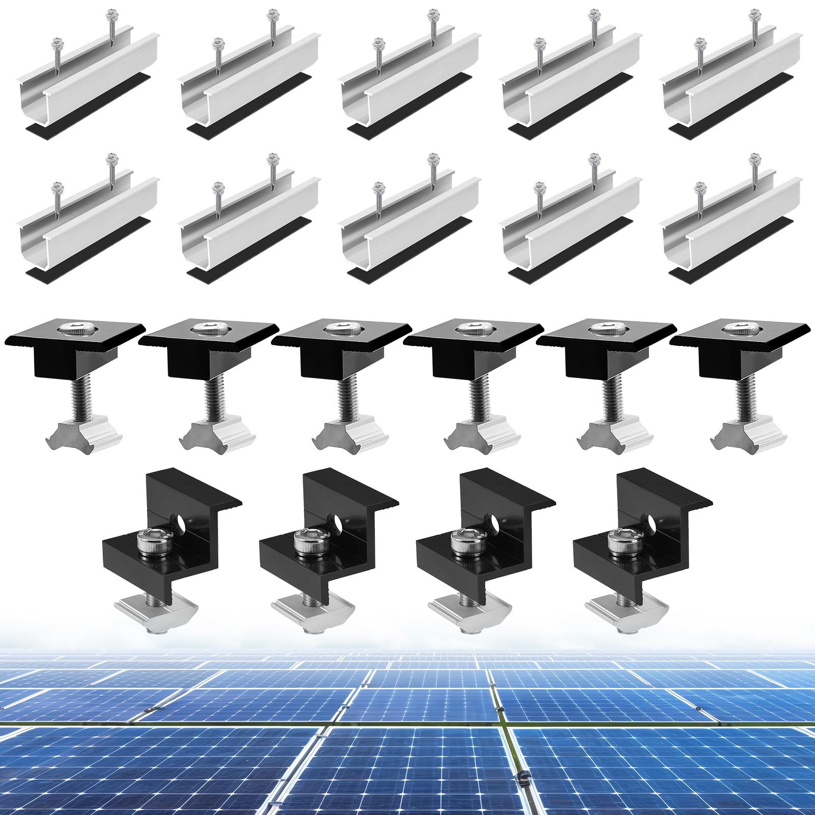 Kit di Montaggio per Pannelli Solari, Morsetto Centrale in Alluminio per Modulo Solare, Morsetto Centrale per Pannello Solare, Staffa di Montaggio per Pannelli Solari Altezza Modulo 30-35 mm