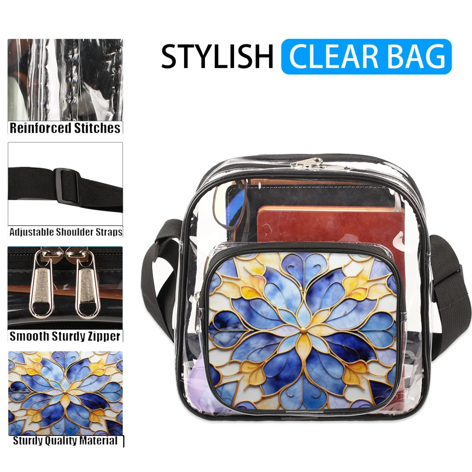 Clear Crossbody Bag Stadium Approved Pattern Texture Transparent Bag for Festivals, Sports Events, Concerts,Beach Bag for Women Men Clear Purse with Front Pocket Messenger Bag with Adjustable Strap