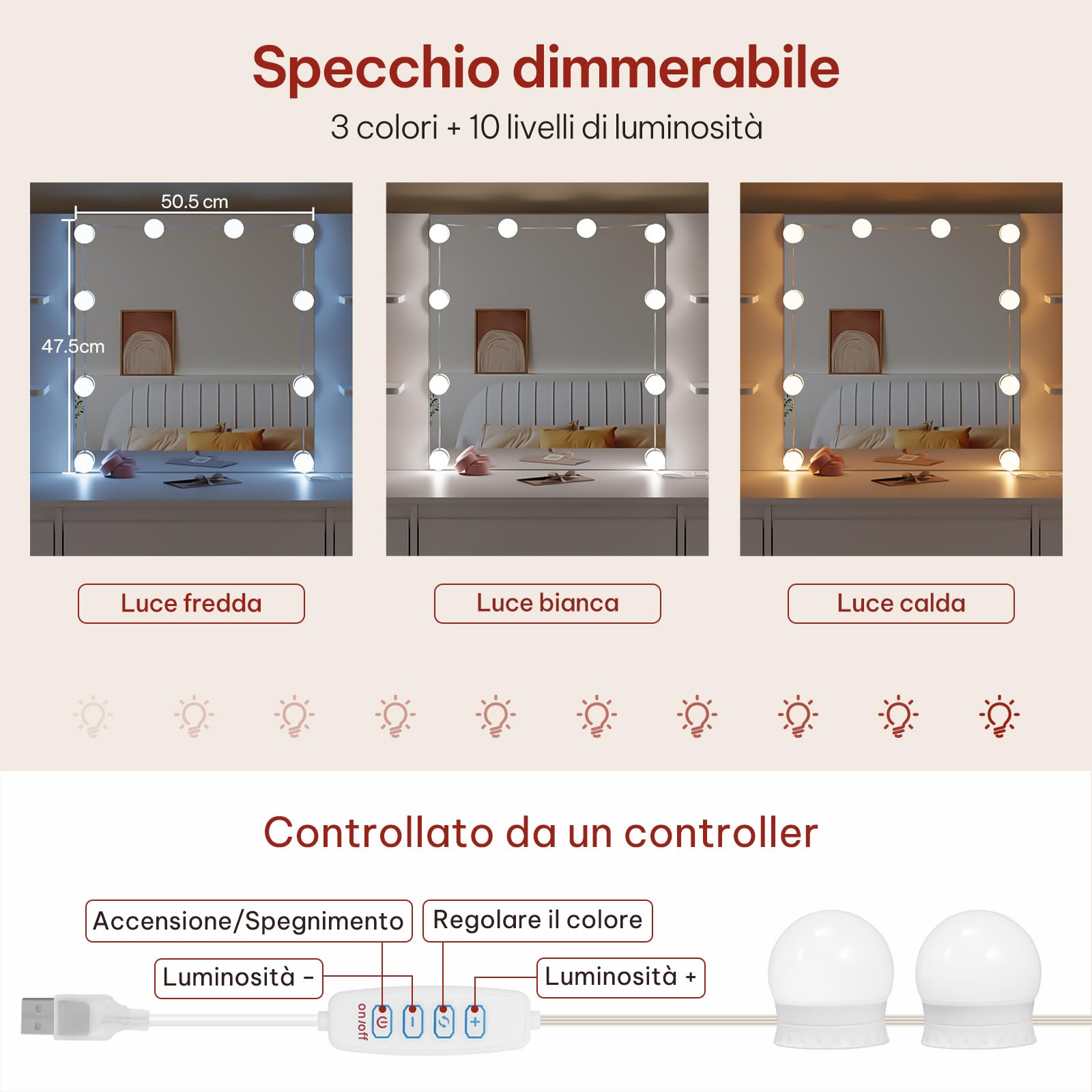 WOLTU Toeletta Trucco con Luci LED Regolabili, Tavolo da Trucco Moderno Bianco con Sgabello, Specchio Illuminato, 5 Cassetti e Ripiani, Postazione Make-Up per Camera da Letto
