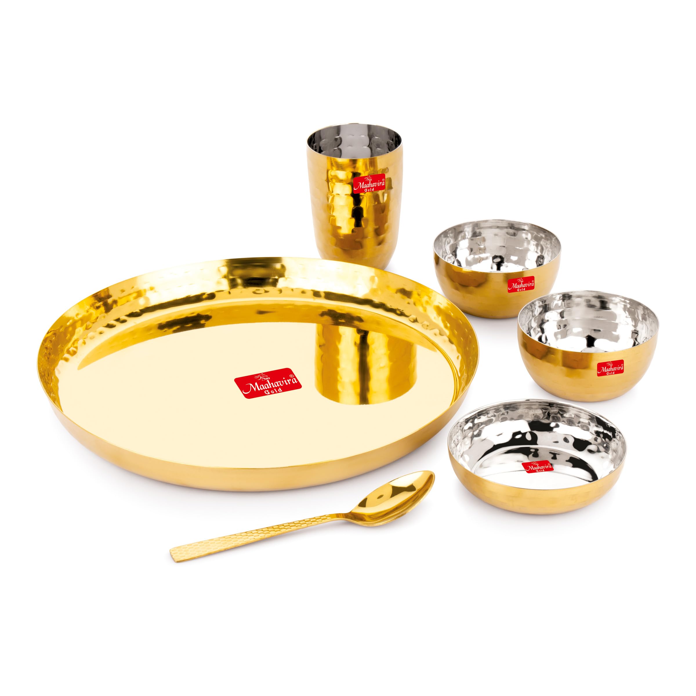 Maahavira Gold Round Gold PVD Luxury Solid Dinnerware Set, Food Grade, Used for Home & Restaurant with 1 Thali, 2 Bowls, 1 Sweet Dish, 1 Glass & 1 Spoon - Set of 6
