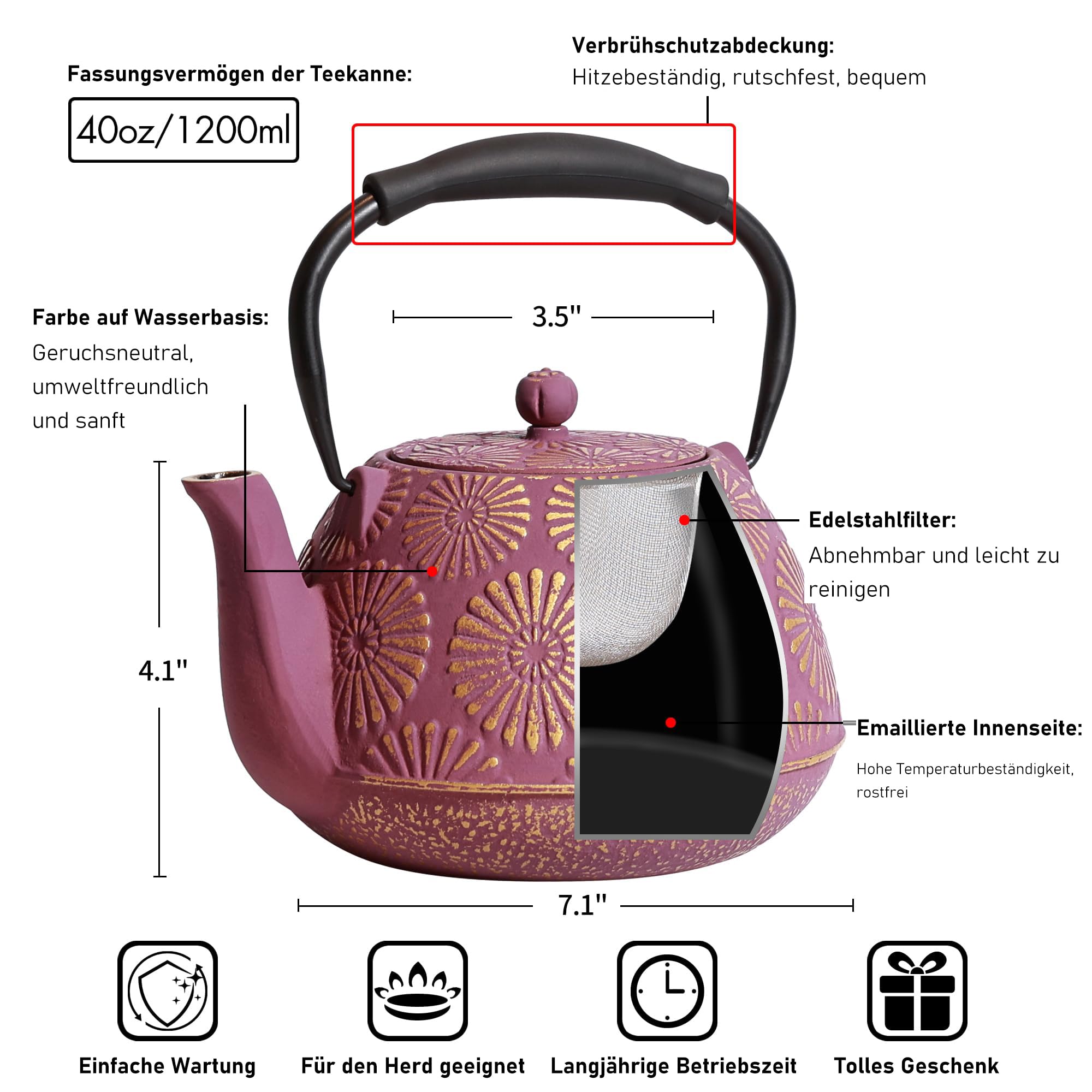 Tetera de hierro fundido, 1,134.0 g con infusor para estufa, diseño de Sakura, tetera japonesa para té y café recubierta con interior esmaltado, mango de silicona, 1200 ml, color morado