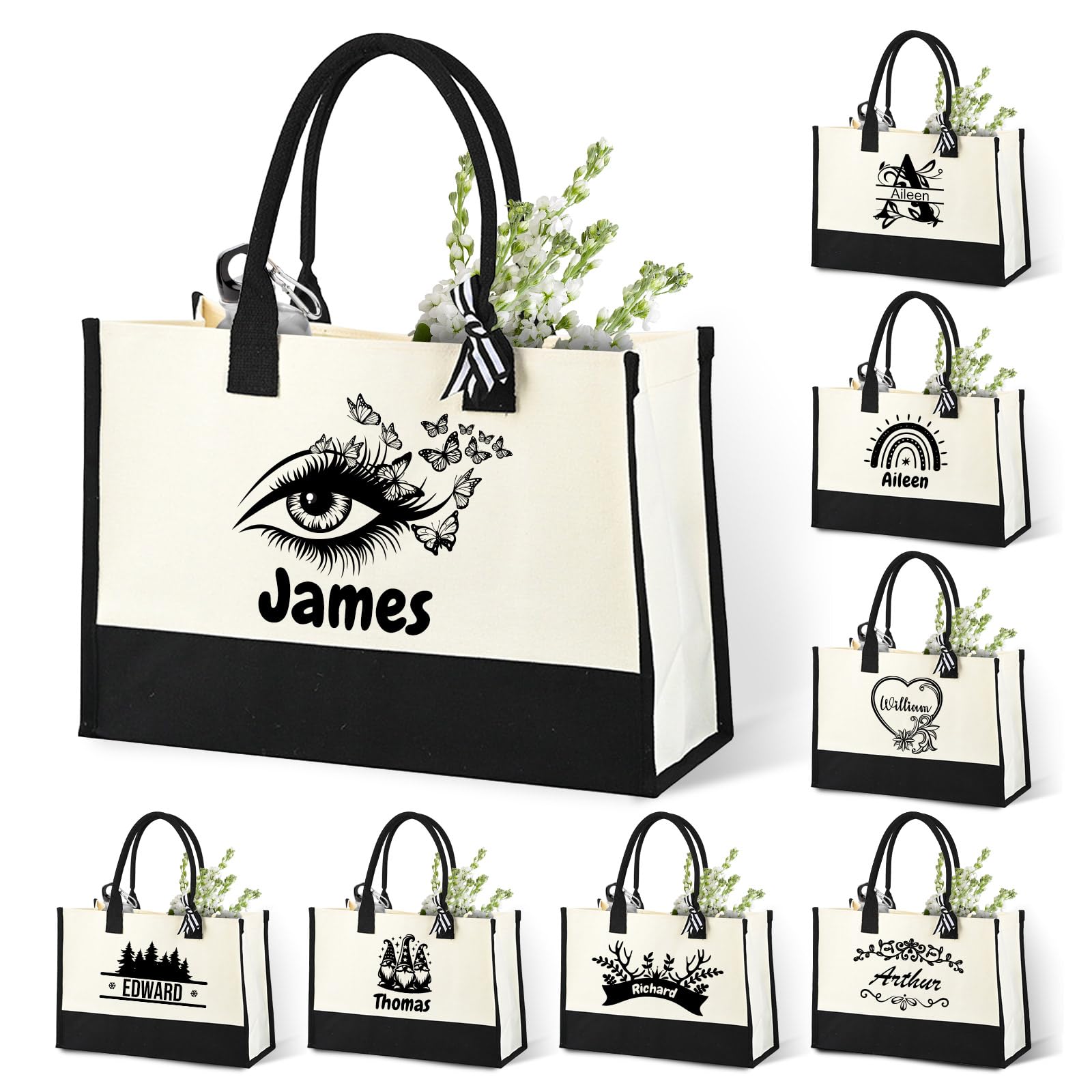 HLCYANYA Personalized Initial Canvas Tote Bag, Custom Large Capacity Shopping Bag, Suitable for Beach, Birthday, Wedding Gift
