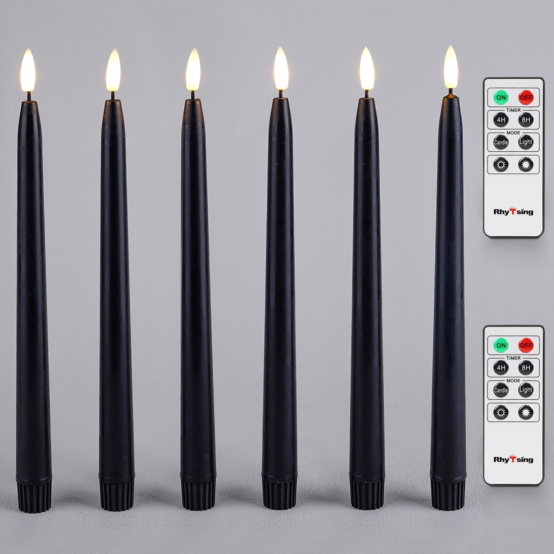 Rhytsing 28cm Black Flameless LED Taper Candles with Timer for Halloween, Battery Operated Candle Sticks with Real Wax Finish for Home Decor, 2 Remotes Included - Set of 6