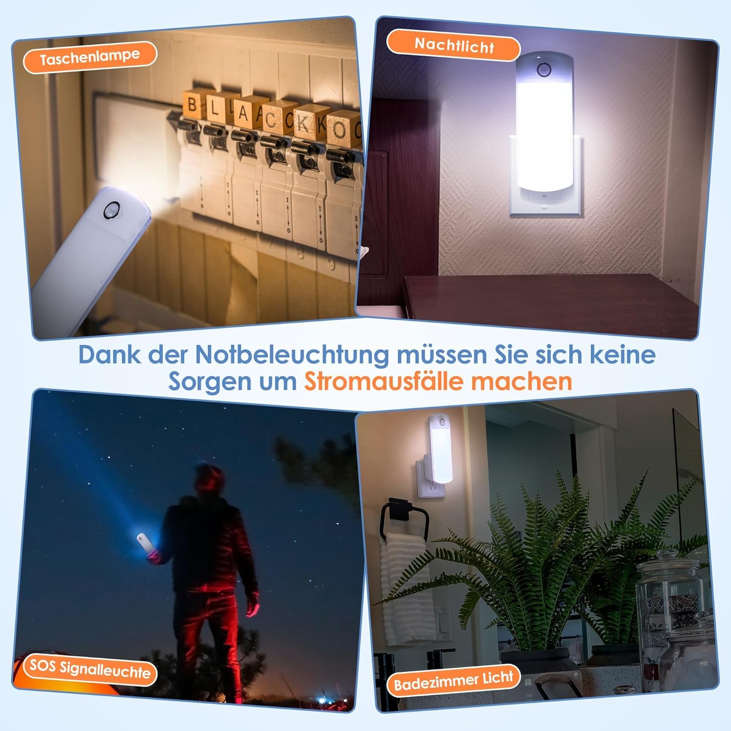 Enhon 2 Lámparas Nocturnas con Detector de Movimiento Linternas de Noche con Sensor Luces de Emergencia con Enchufe EU Foco LED 4 en 1 Extraíble con Batería para Corte de Energía Huracán