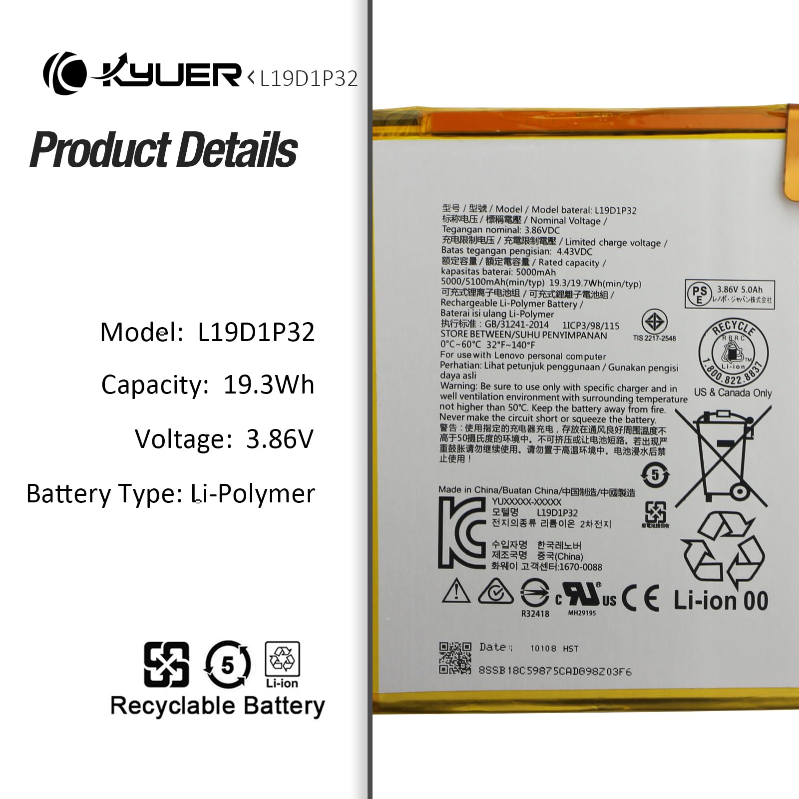 K KYUER L19D1P32 Tablet Batterie pour Le-Novo Smart Tab M10 Plus HD FHD 2020 G2 (Gen 2/2nd Gen) TB-X606 TB-X606X TB-X606F TB-X606V TB-X606FA TB-X606XA TB-X306 TB-X306X TB-X306F TB-X306V TB-X306FA