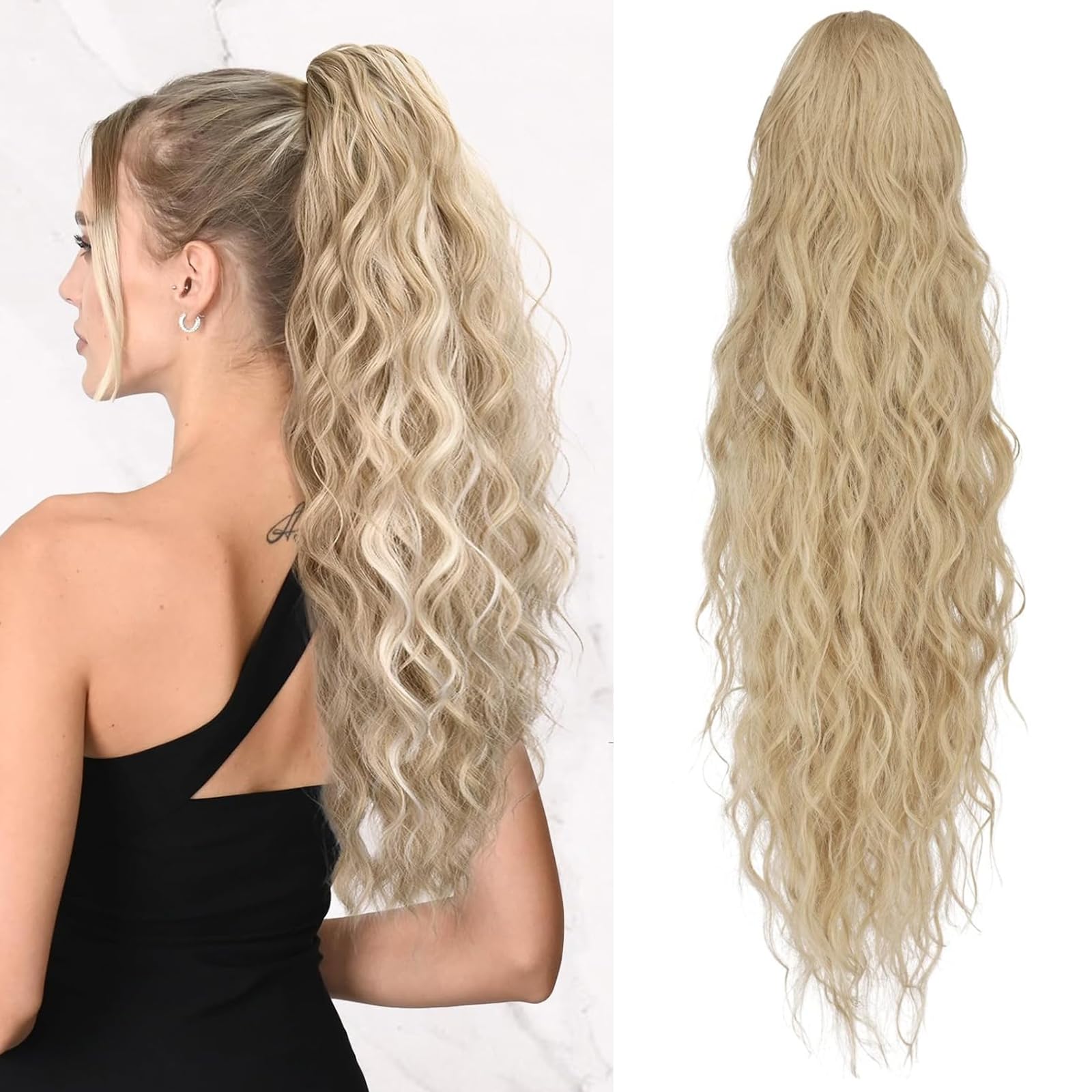 Jupmov 26 Inch Blonde Ponytail Extension, Long Wavy Hair Extensions, Synthetic Hair Piece for Women Soft Natural Pony Tail