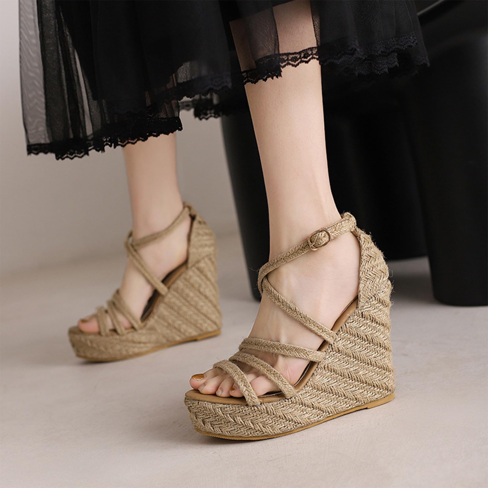 Sandalias de Esparto de Cuña Retro Mujer Plataforma de Lino Trenzado con Hebilla de Tobillo Tacones Altos Tiras Tacones de Verano para Fiestas en el Jardín