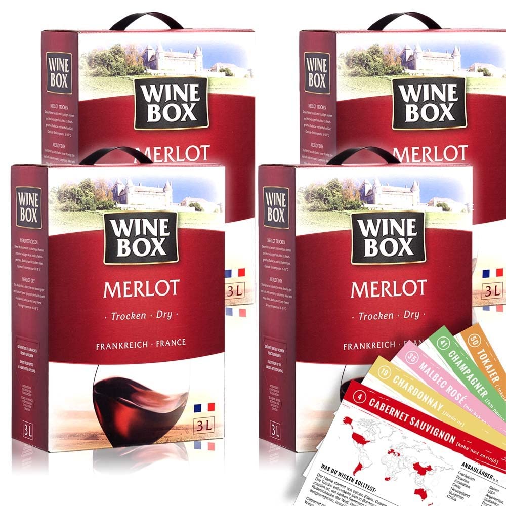 Wine Box Merlot, trocken, Bag-in-Box, sortenreines Weinpaket + VINOX Winecards (4x3,0l)