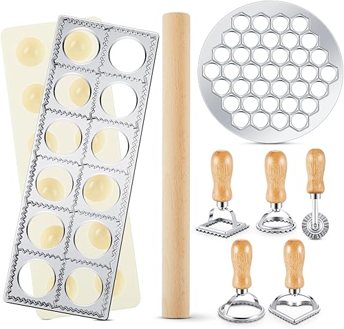 Geetery Juego de moldes para ravioles de 8 piezas, 12 agujeros, prensa para hacer ravioles, 37 agujeros, molde para hacer albóndigas, cortador de