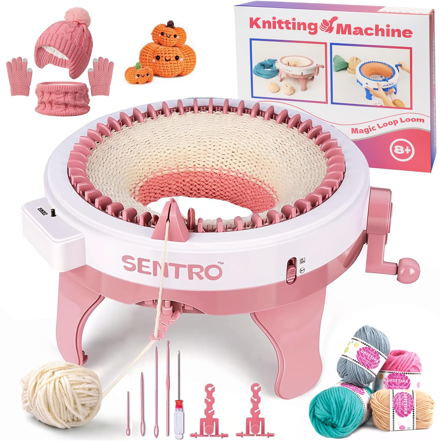 SENTRO Knitting Machine, 48 Needles Smart Knitting Crochet Machine with Row Counter for Adults and Beginners, Weaving Loom Machine Kit for Christmas New Year Gifts (Pink)