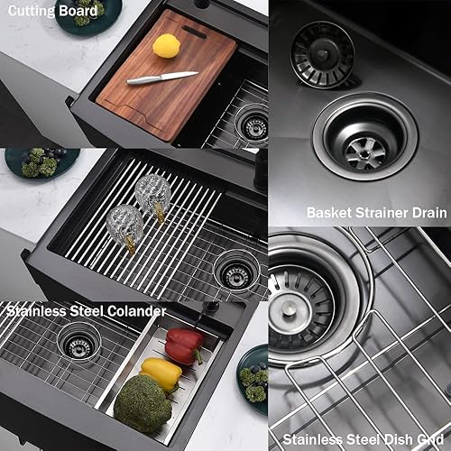 Miniatura 6 de Fregadero de cocina de 33 pulgadas con protección contra salpicaduras, estación de trabajo en cascada, color negro, delantal frontal de cocina Sik