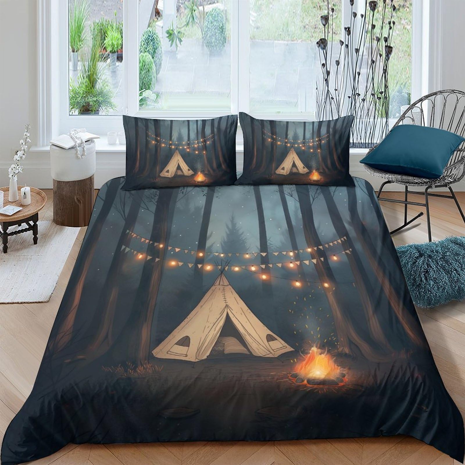 Ctjqhvkz Style-2 3D Printed Forest Camping Night Fitted Sheet Microfiber Soft Bed Sheet Tent Lantern Bedroom Decor Mattress Cover Single（135X200cm）