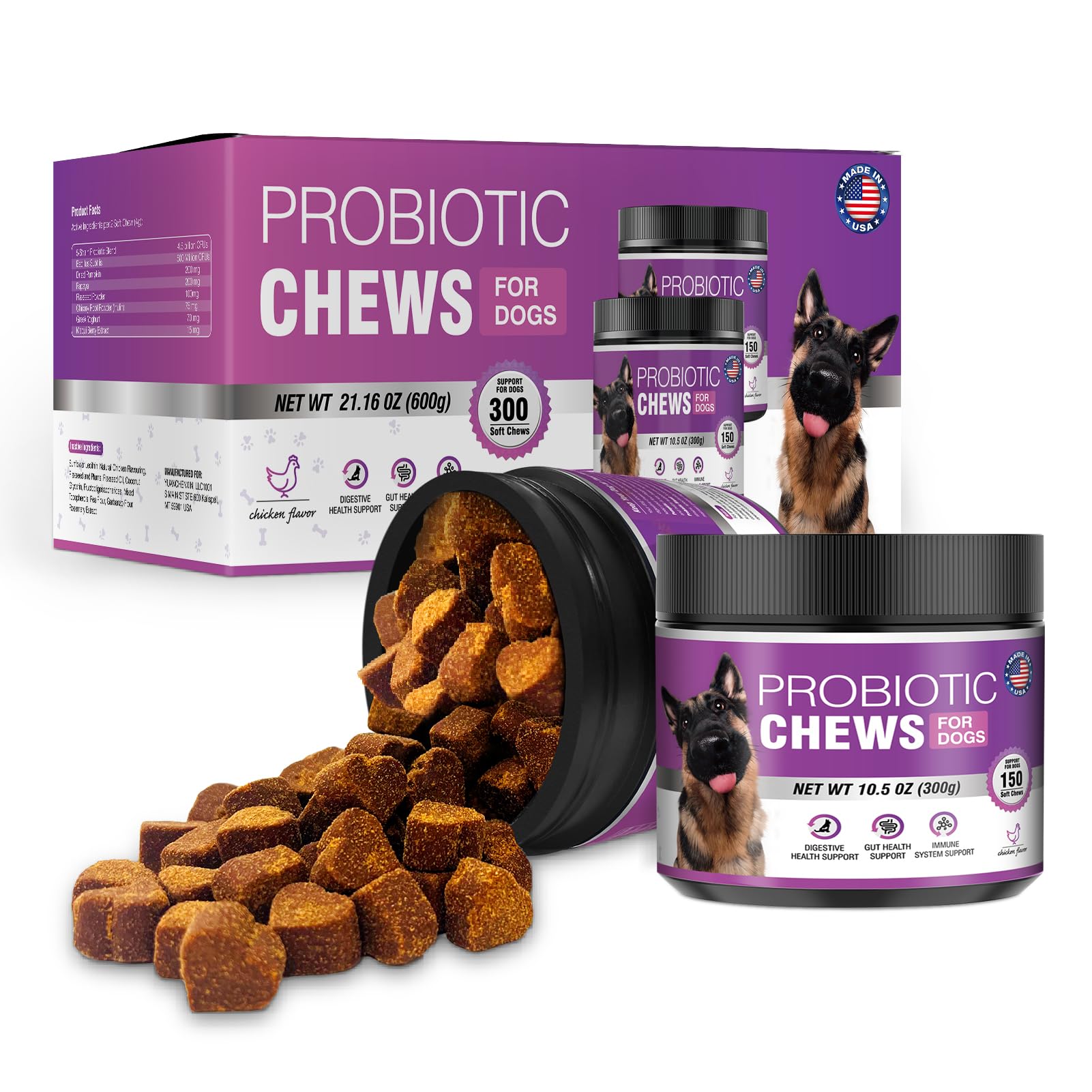 Probiotics for Dogs Dog Probiotic Chews and Digestive Enzymes Prebiotic Health Gut Itchy Skin Probioticos Itching Diarrhea Chew Supplements Canine Pet Prebiotics 200 Natural Soft Chewable Tablets