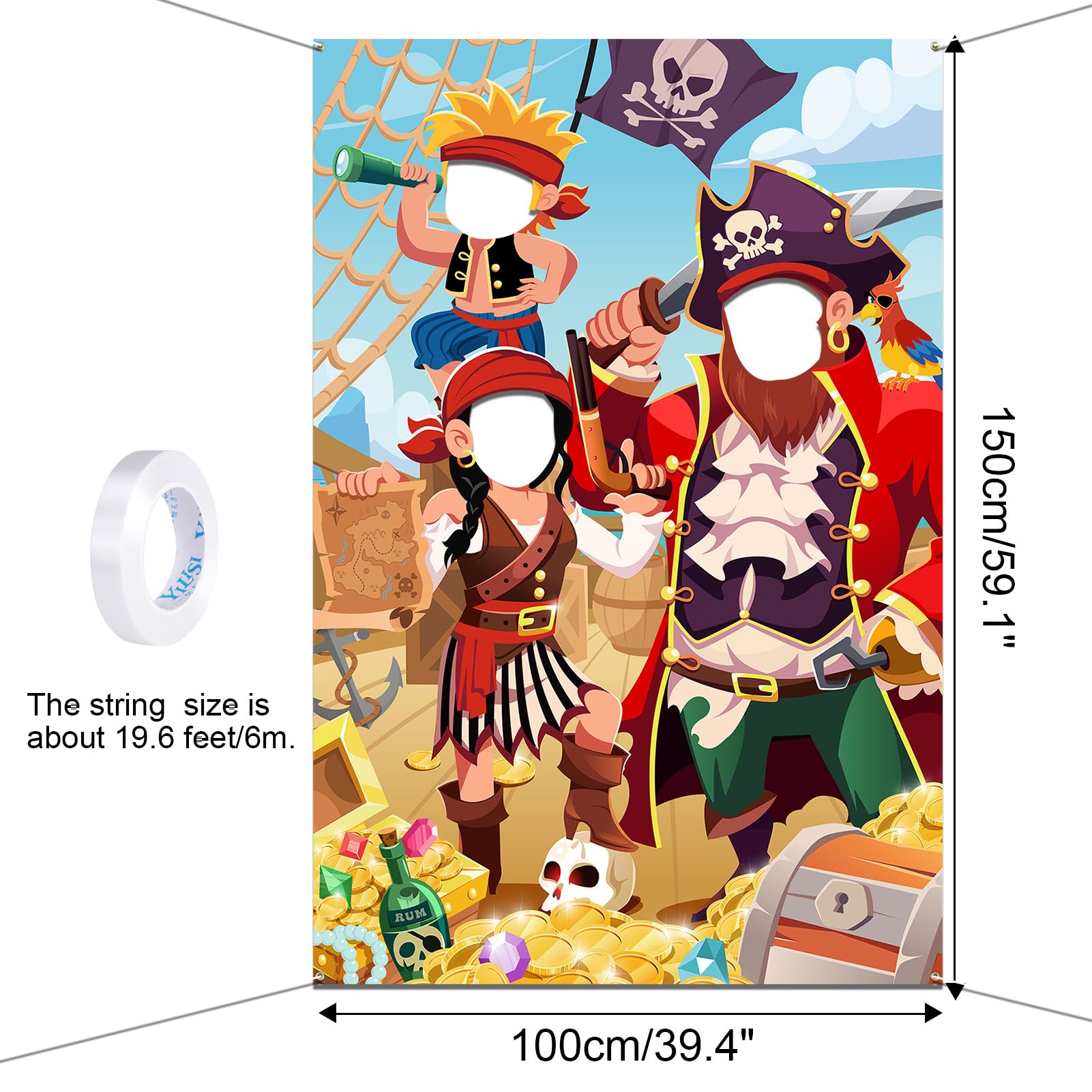 DPKOW Kids Pirate Photo Prop, Fun Fabric Face in Hole Backdrop Door Banner for Kids Birthday Party Decorations, Giant Pirate Face Photo Banner, 3.3x6ft