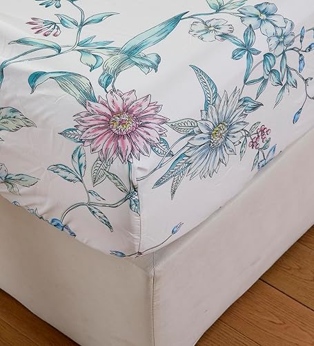 Miniatura 6 de JSD Juego de sábanas de 4 piezas con estampado de hojas azules, tamaño matrimonial, sábanas de microfibra botánica suave, bolsillo extra profundo,