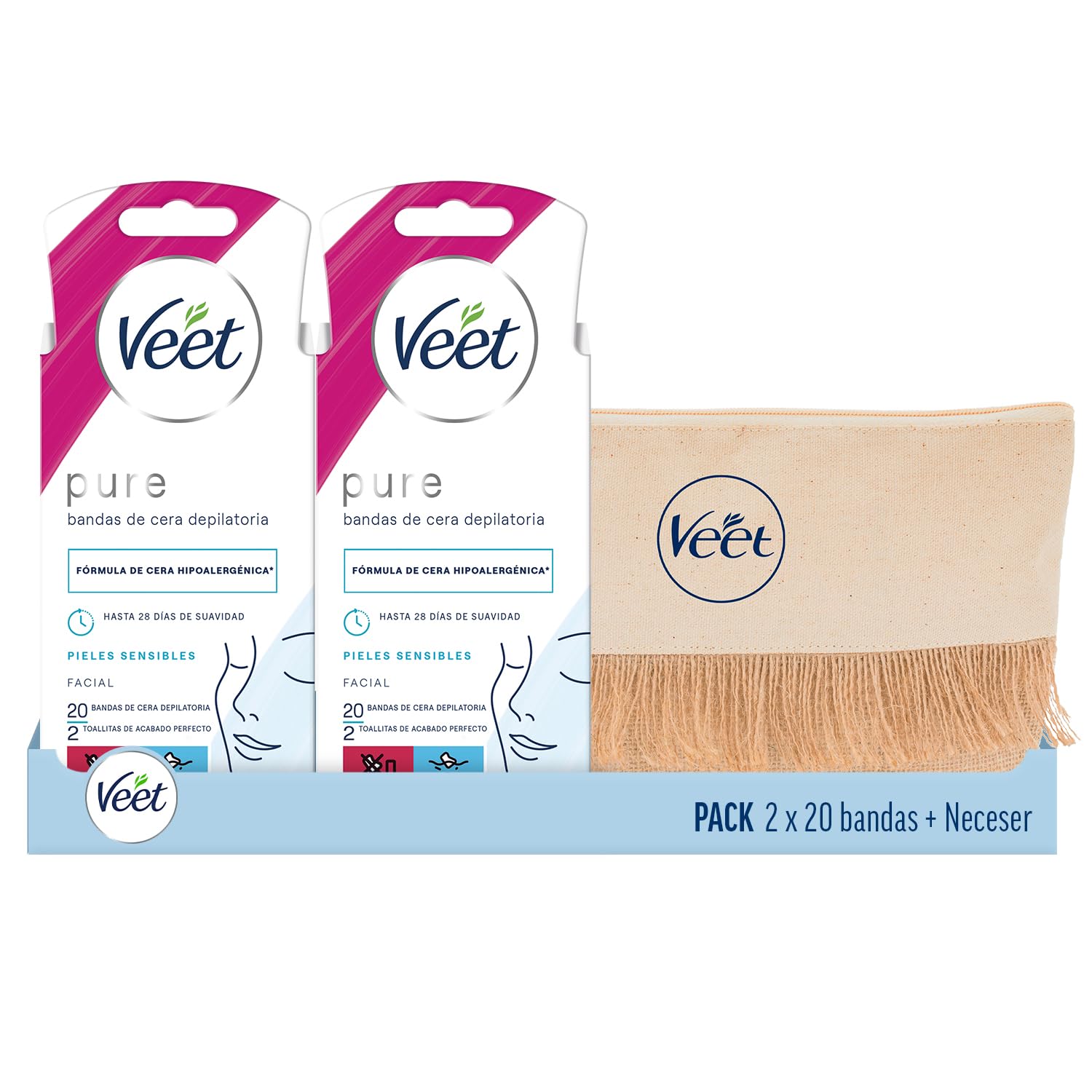 Veet Pure Pack Bandas de Cera Fría Depilatoria para Pieles Sensibles, Depilación Facial, Adecuado para Labio Superior (Bigote), y para Cuerpo, Piernas, Bikini y Axilas, y Neceser de Regalo
