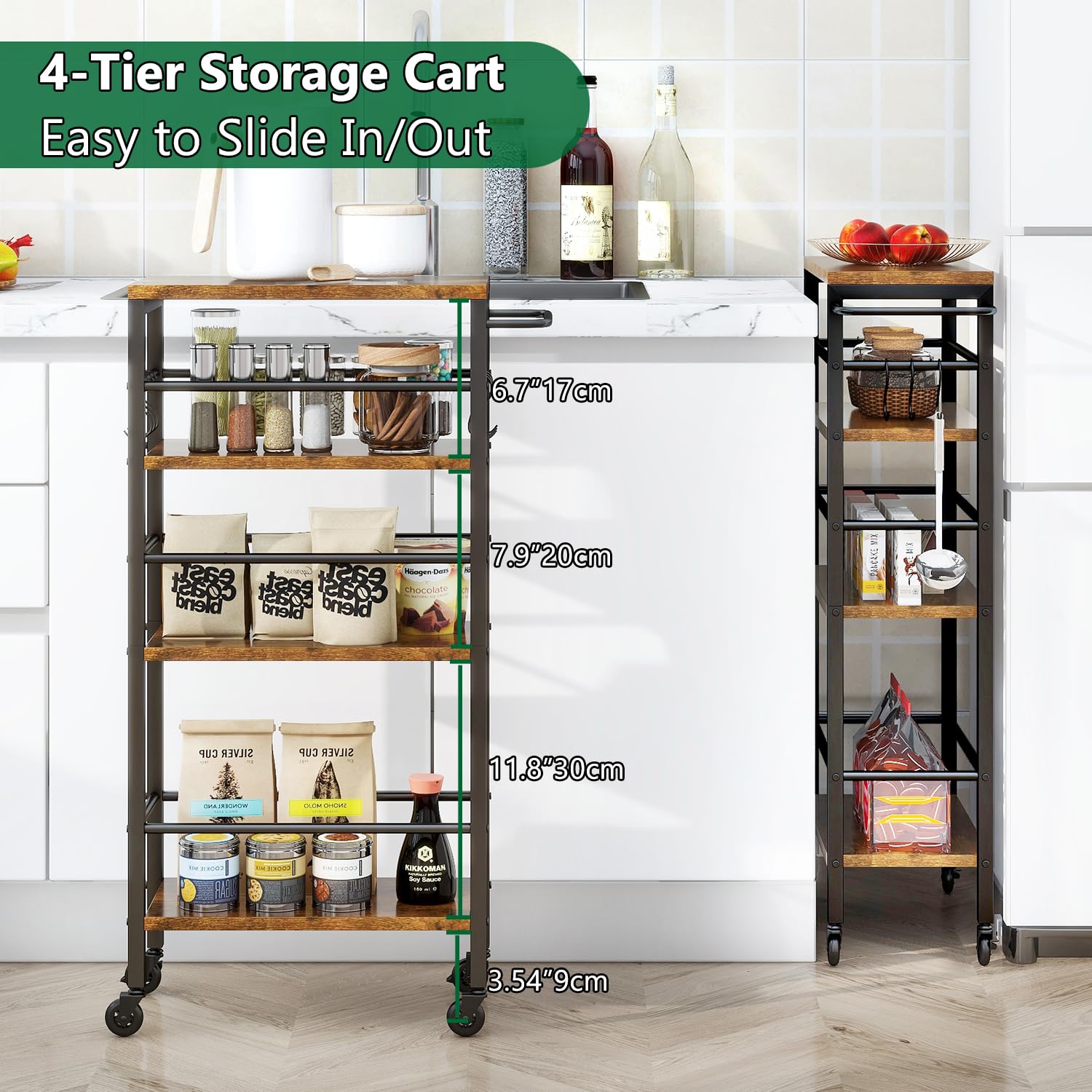 IBUYKE Chariot de Cuisine étroit 20cm Large,Desserte Métallique 4 Niveaux,Desserte à roulettes en Poignées,Montage Facile, pour Cuisine, Salle de Bain, Salon, Marron Vintage TMJ065H