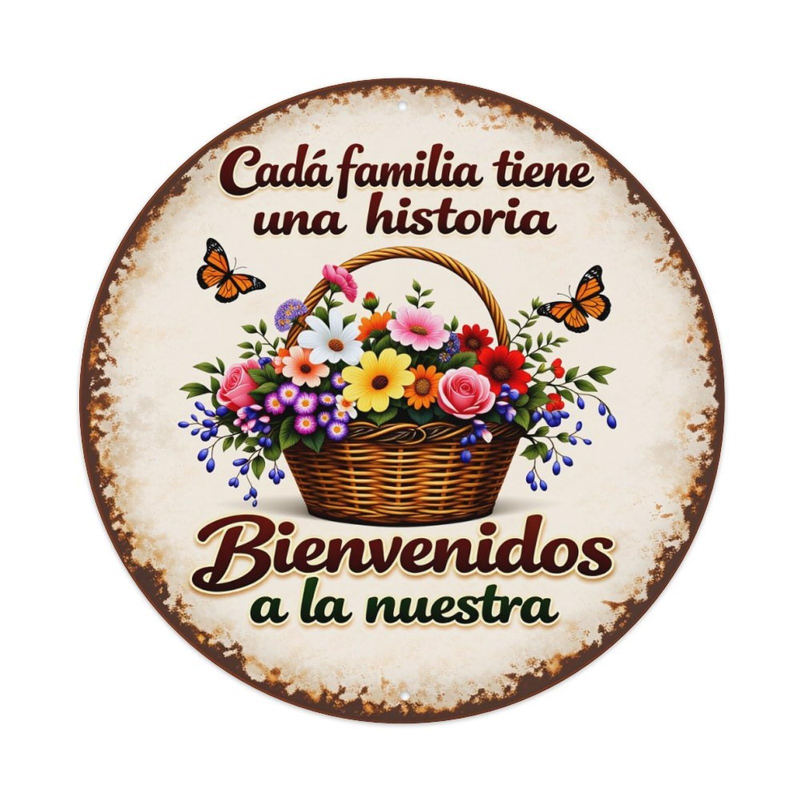 Flower Basket With Butterflies And Text Round Vintage Tin Sign,Retro Wall Art,Metal Poster for Home, Bar, Garage, Cafe, Rustic Indoor & Outdoor Decor, 8x8 Inches