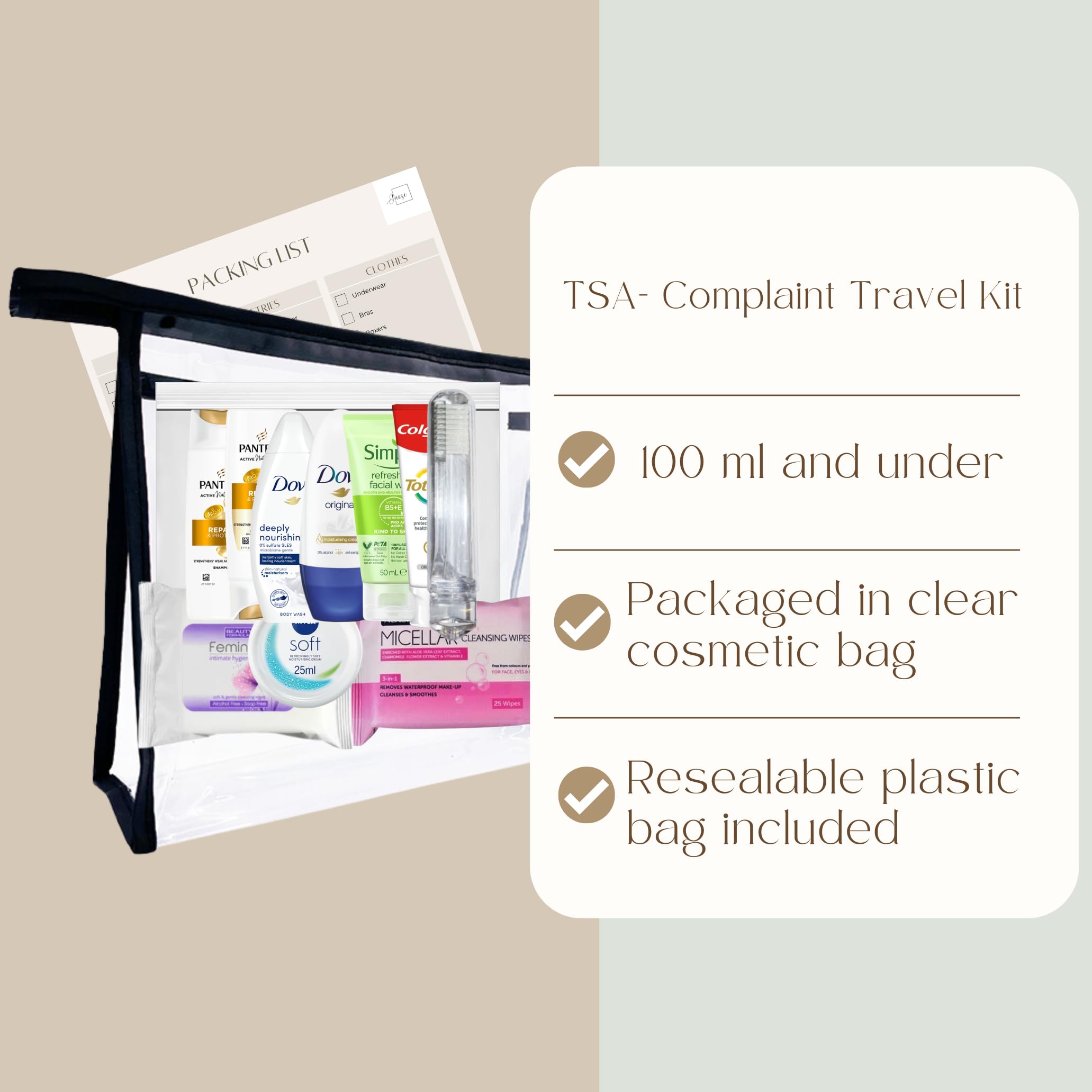 Set di articoli da toeletta da viaggio per donna, da viaggio, per viaggi, ospedale, durante il soggiorno notturno, Trasparente, Borsa da toilette da viaggio