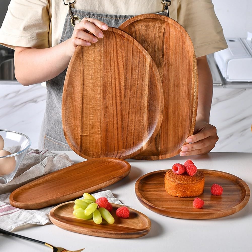 Vassoio ovale in legno di acacia fatto a mano, piatto irregolare per caffè, tè, bevande e dessert, decorazione rustica per la casa e gli elementi essenziali per la cucina (30,5 x 20 cm)