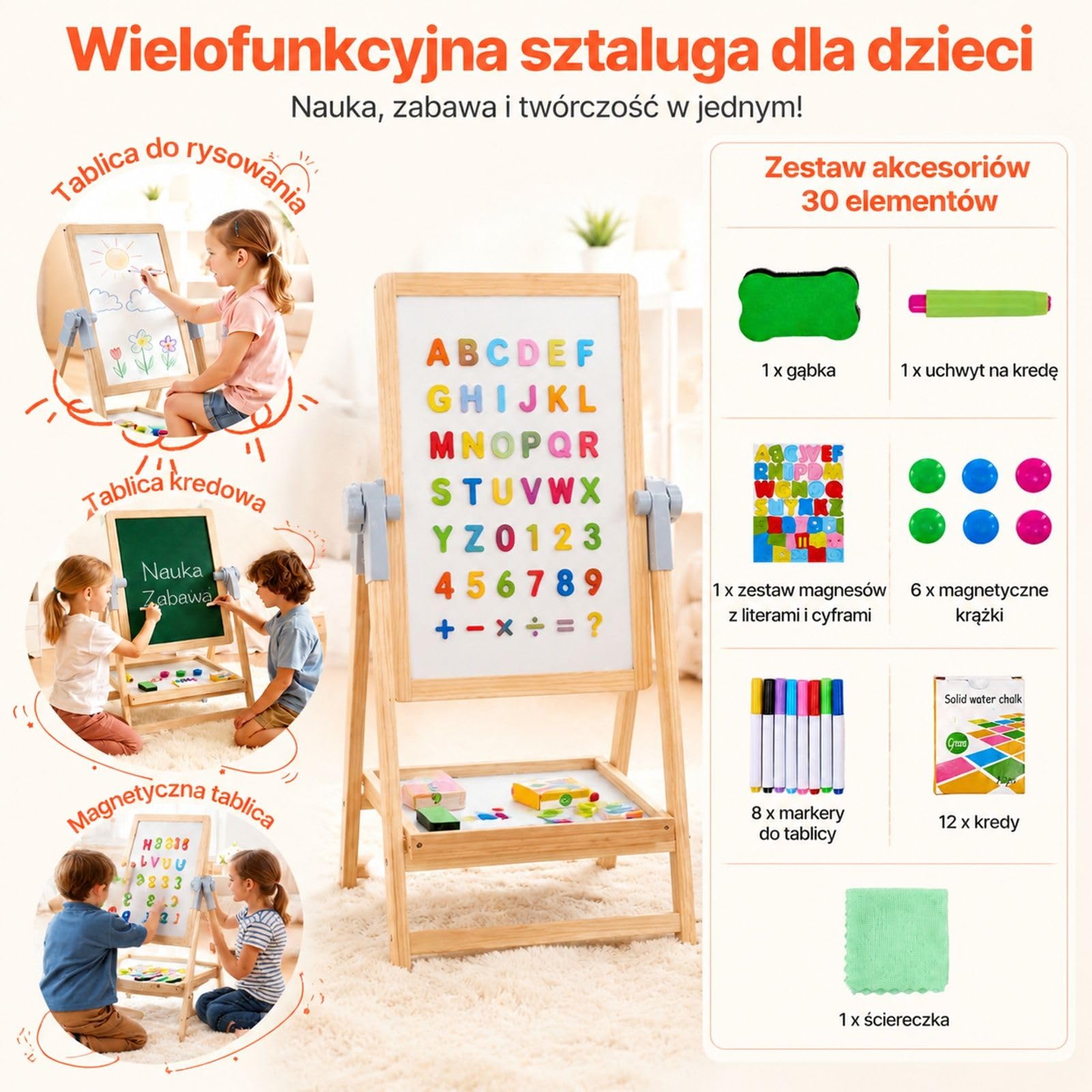 Sztaluga artystyczna 2 w 1, tablica kredowa i suchościeralna, drewniana rama, akcesoria do rysowania