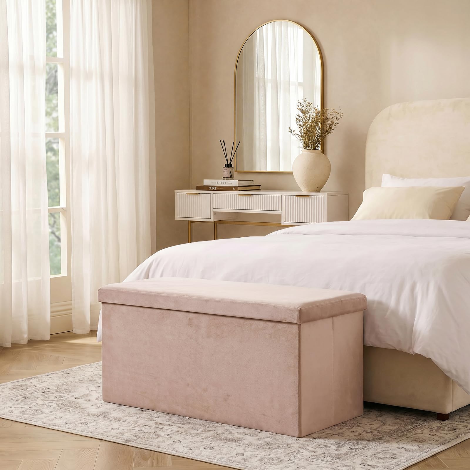 OHS Ottoman Storage Box Matte Velvet Folding Storage Bench with Lid, Mink