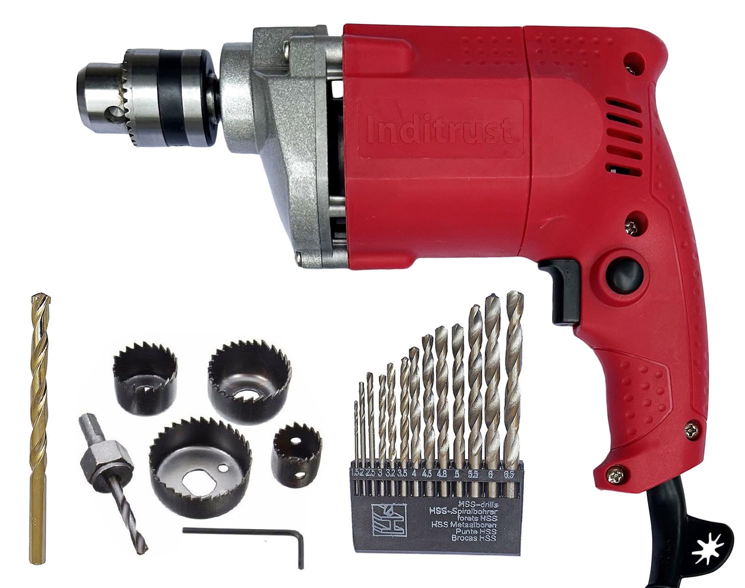 Inditrust 6-Month warranty 350w RED 10mm Electric Drill machine 100% Copper Winding with 13pc HSS bit, 6pc Holesaw bit & 1pc Masonry bit set (Pack of 4) (B0DB2KF8BB) Amazon Price History, Amazon Price Tracker