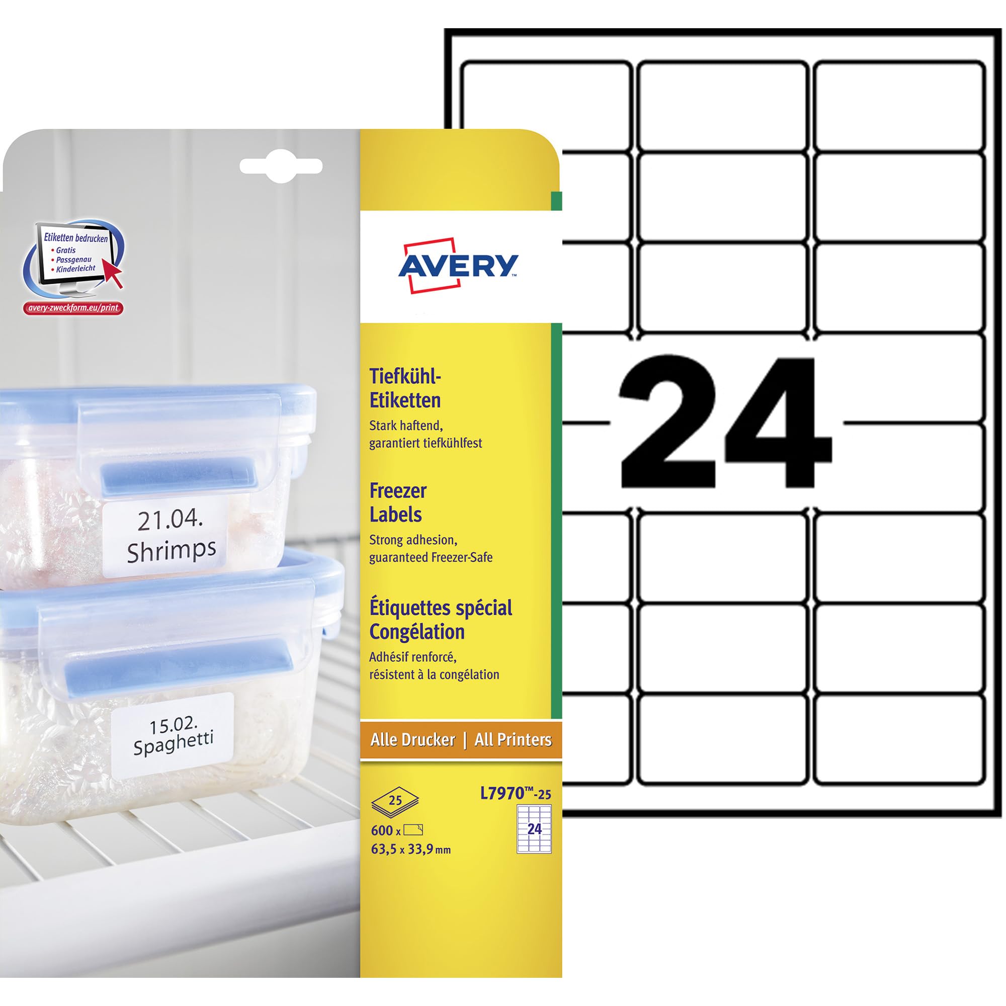 Avery L7970-25 Freezer labels White 63.5 x 33.9 mm 600 pcs Permane...
