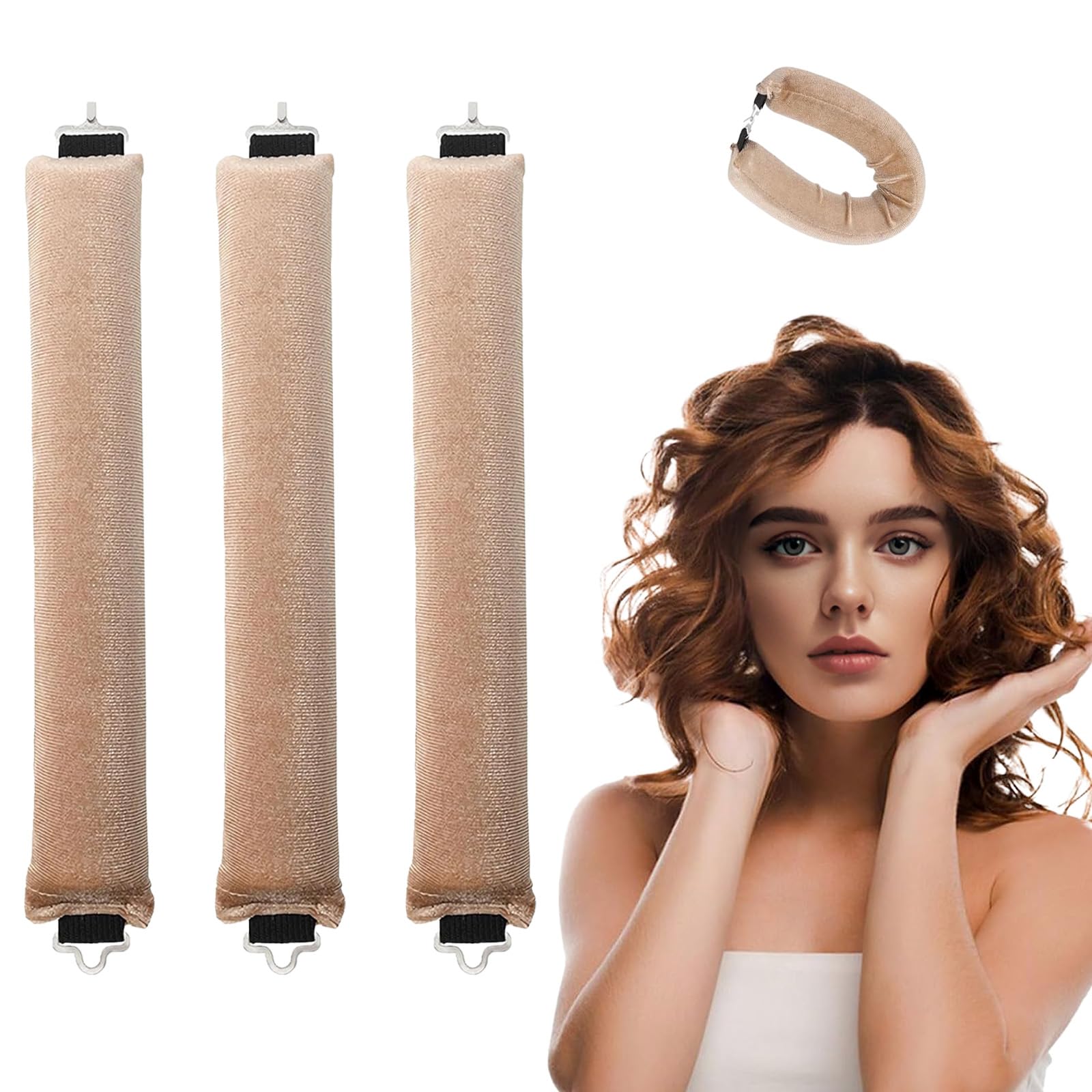 3pcs Heatless Hair Curler,Overnight Blowout Rods Jumbo Heatless Hair Curler with Hook No Heat Hair Rollers for Short Hair Blowout Look Long Hair Styling Tools (khaki, Small)
