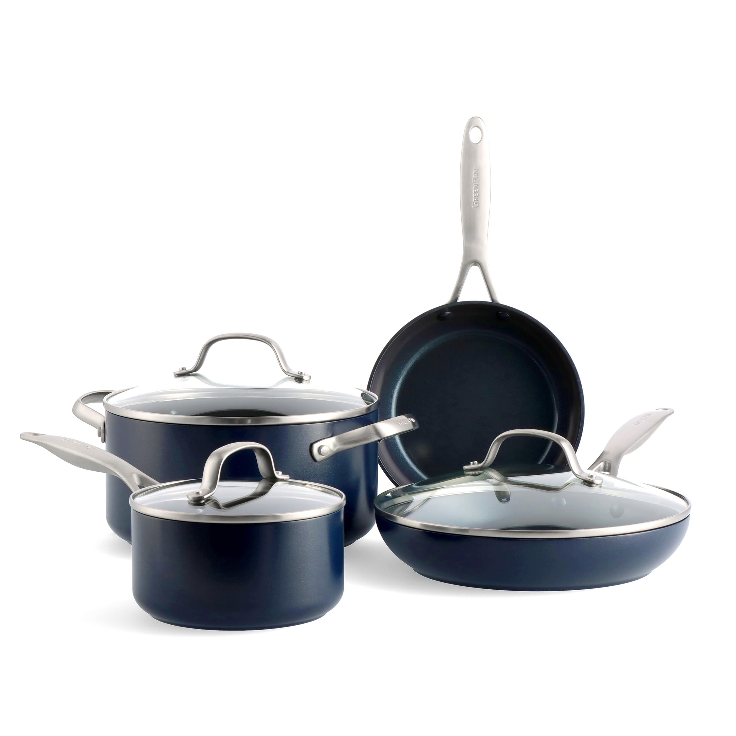 GreenPan Valencia Pro Hard Anodized Healthy Ceramic Nonstick 7 Piece Cookware Pots and Pans Set, PFAS-Free, Induction, Dishwasher Safe, Oven Safe, Blue