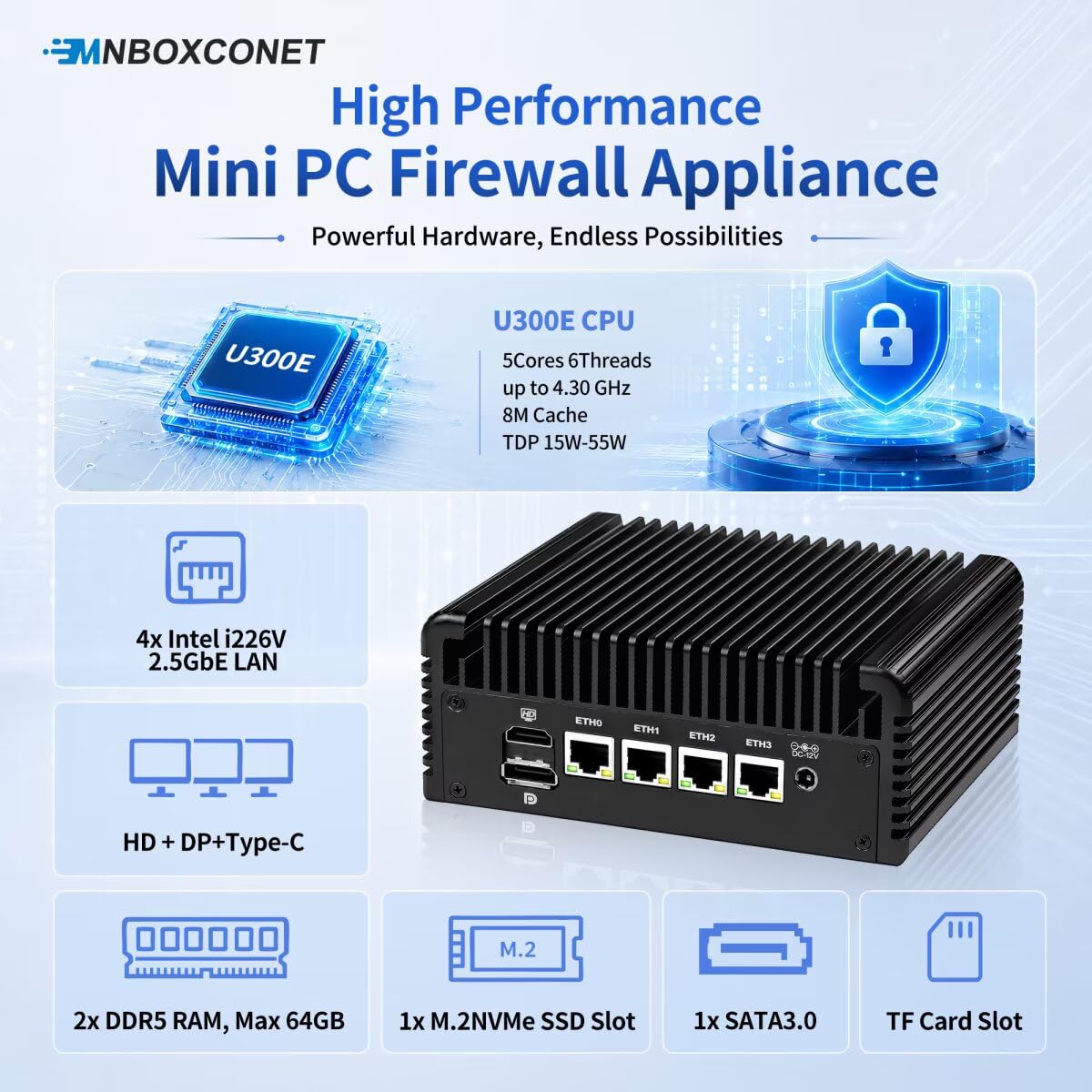 Firewall Mini PC U300E 5 Cores Fanless Barebone No DDR5 RAM/SSD