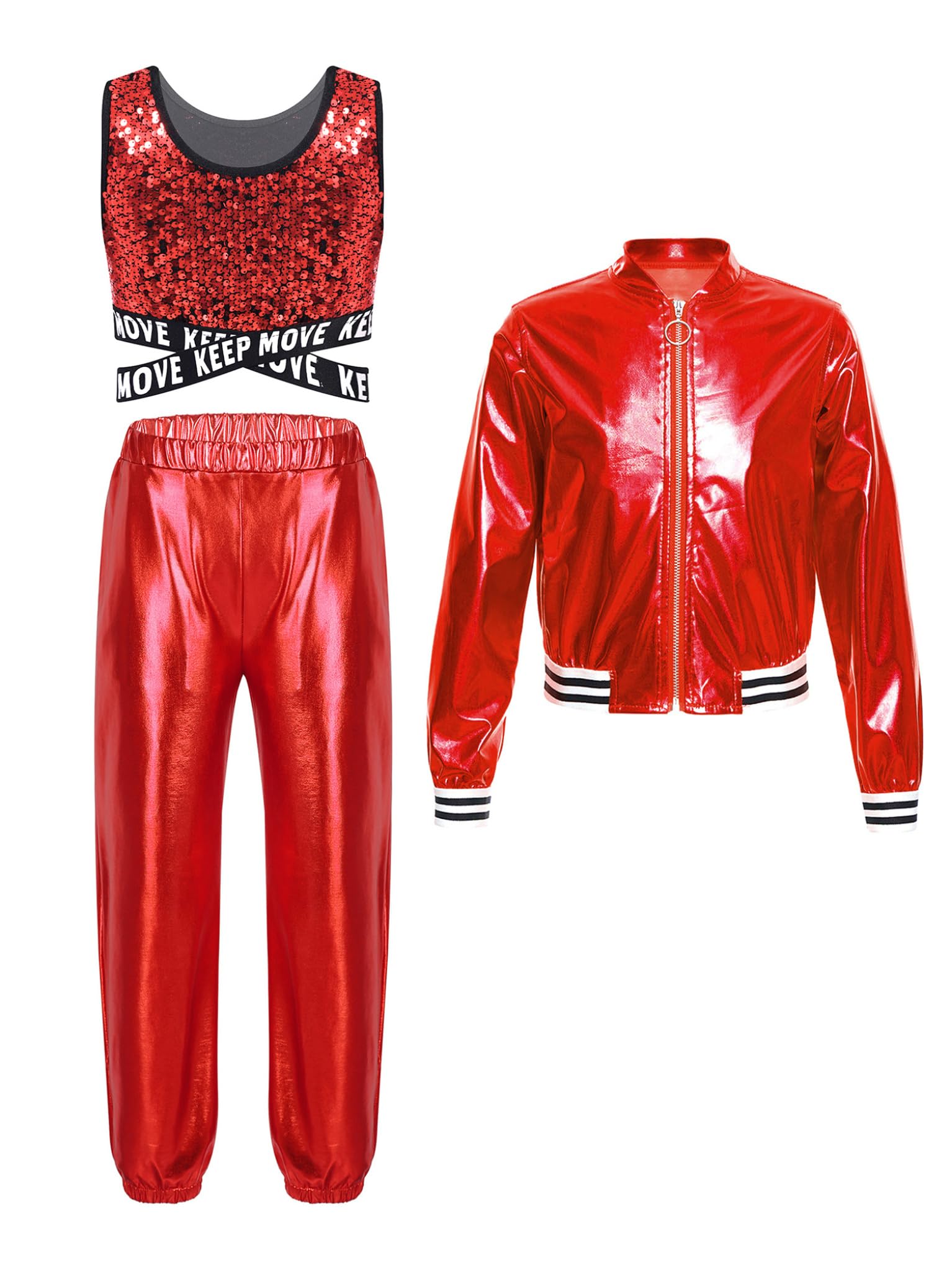 TTAO Kinder Mädchen Metallic Glitzer Tanz Outfit Gymnastik Pailletten Sport Set Jazz Hip Hop Ã„rmellos Crop Top Jacke Jogginghose Tanzbekleidung
