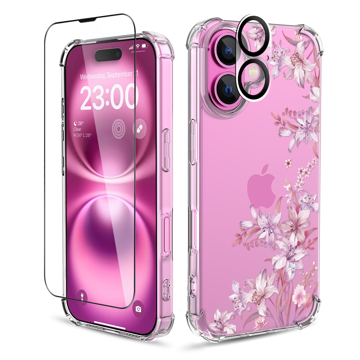 ilnehc for iPhone 16 Plus Case,[3 in 1] with Screen Protector & Camera Lens Protector, Flower Pattern Design,Clear Soft Shockproof Slim Floral Phone