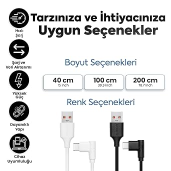 USB to Type-C ile Uyumlu iPhone ve Samsung ile Uyumlu Hızlı Şarj ve Data Kablosu 40 cm L Tipi Gaming (Siyah)