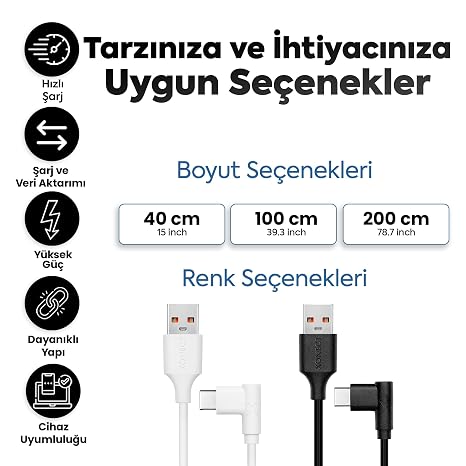 USB to Type-C ile Uyumlu iPhone ve Samsung ile Uyumlu Hızlı Şarj ve Data Kablosu 40 cm L Tipi Gaming (Siyah)