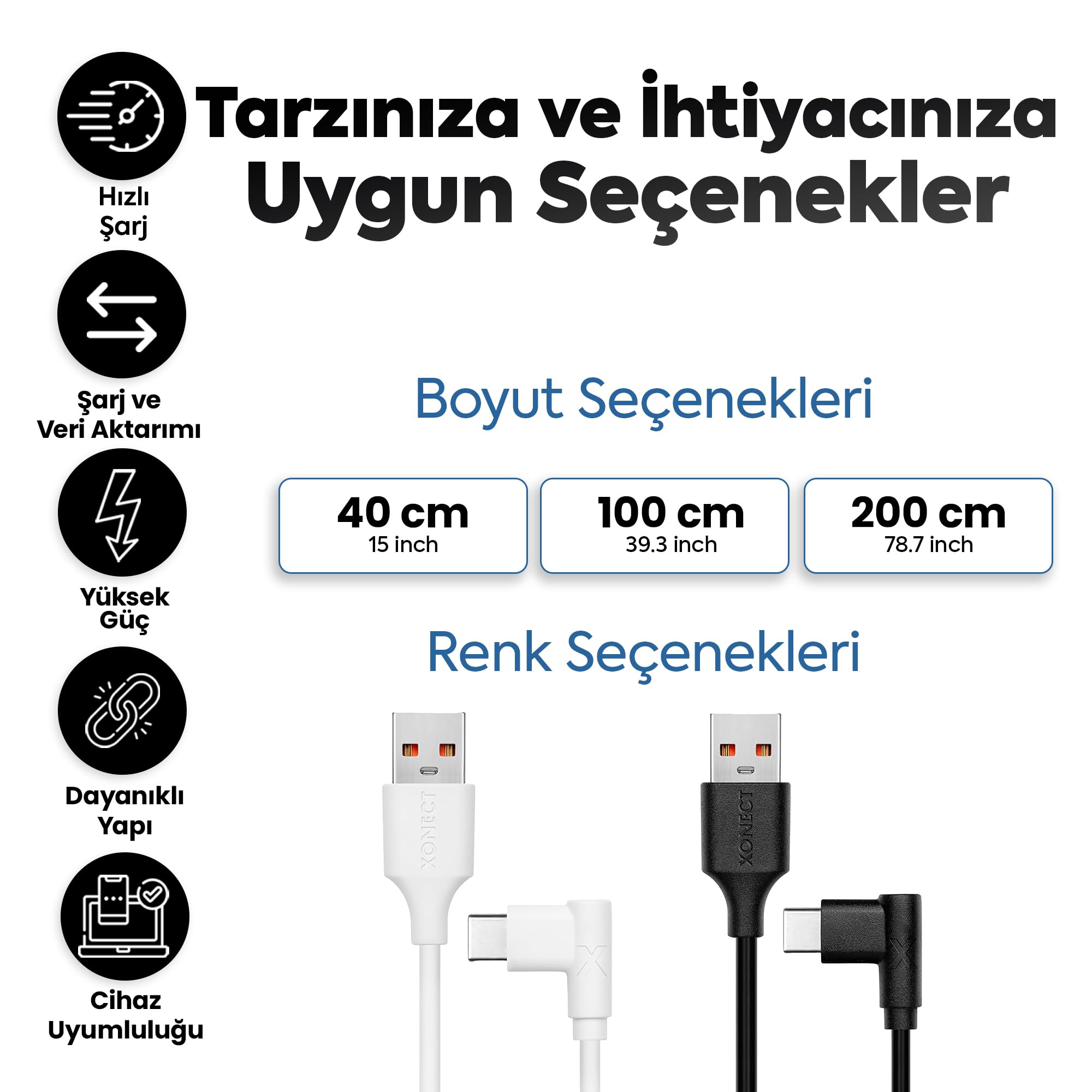 XONECT USB to Type-C ile Uyumlu iPhone ve Samsung ile Uyumlu Hızlı Şarj ve Data Kablosu 100 cm L Tipi Gaming (Siyah)