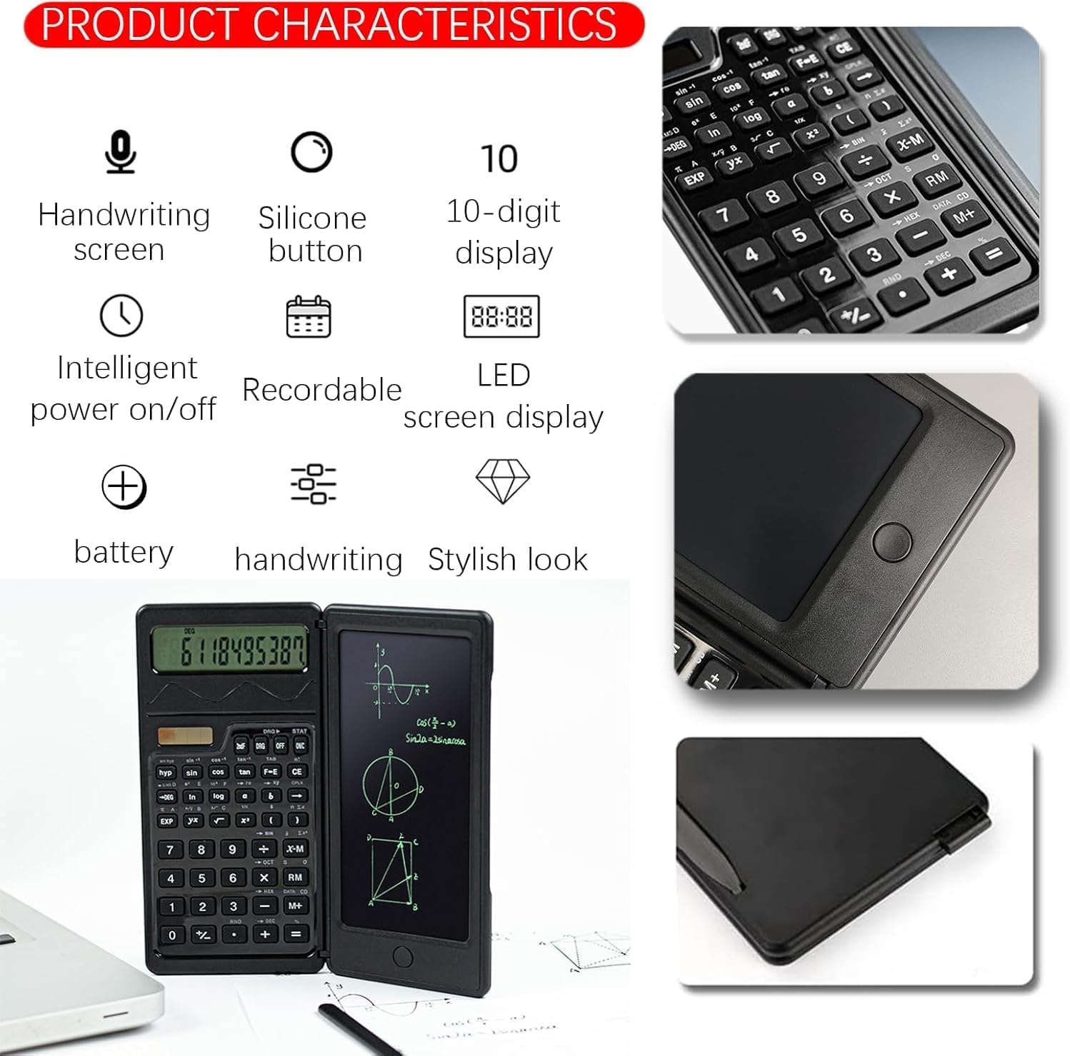 Calcolatrice Scientifica Portatile Pieghevole con Lavagna Cancellabile, LCD a 10 Cifre Ricaricabile Solare, Versatile per Ufficio e Scuola